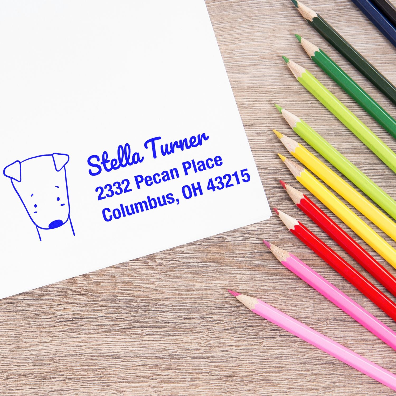 Custom address rubber stamp with dog icon, printed on paper for Stella Turner, Columbus, OH mailing labels.