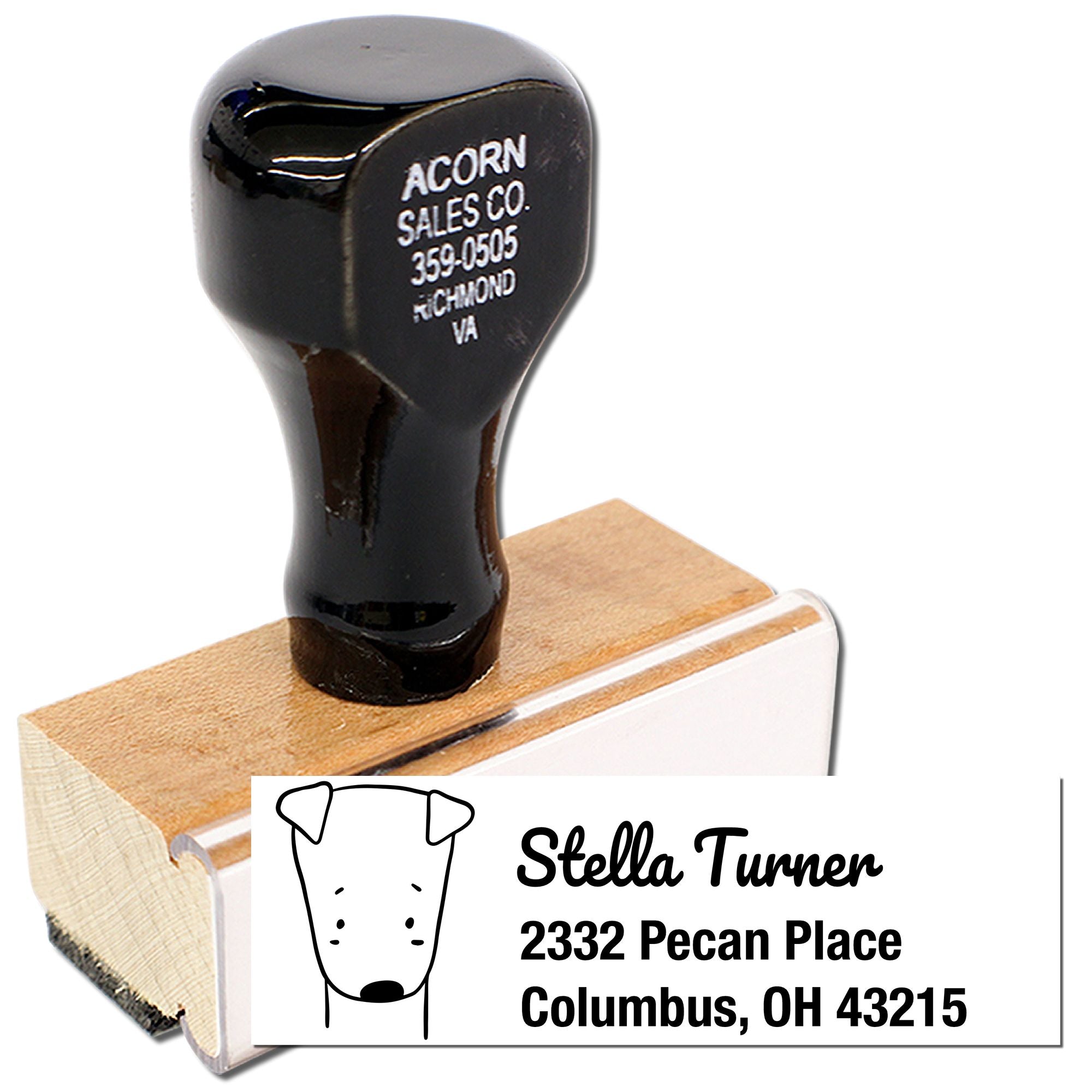 Custom address rubber stamp with dog icon for personalized return address labeling and mailing.
