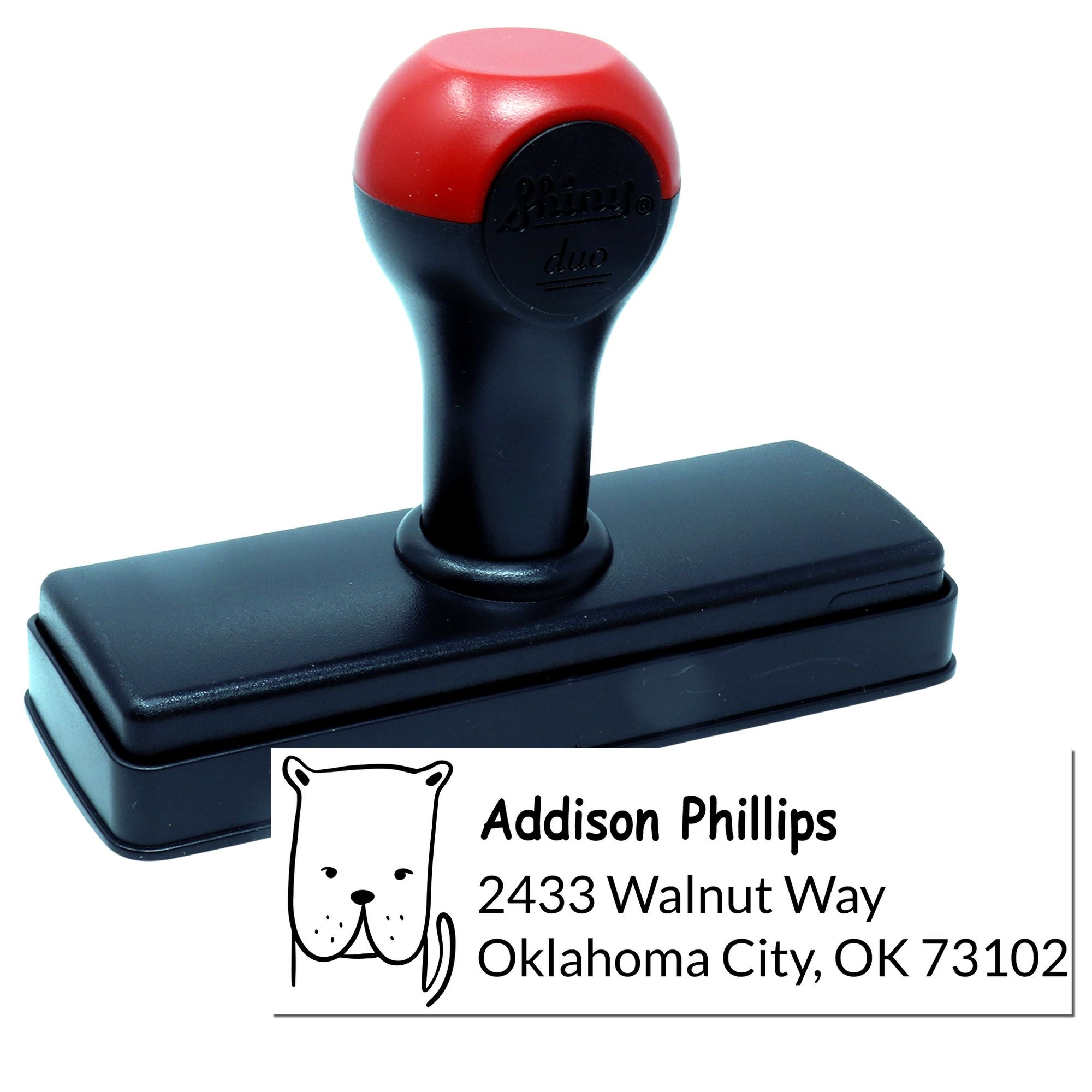 Custom self-inking address rubber stamp with dog icon for Addison Phillips, 2433 Walnut Way, Oklahoma City, OK 73102.