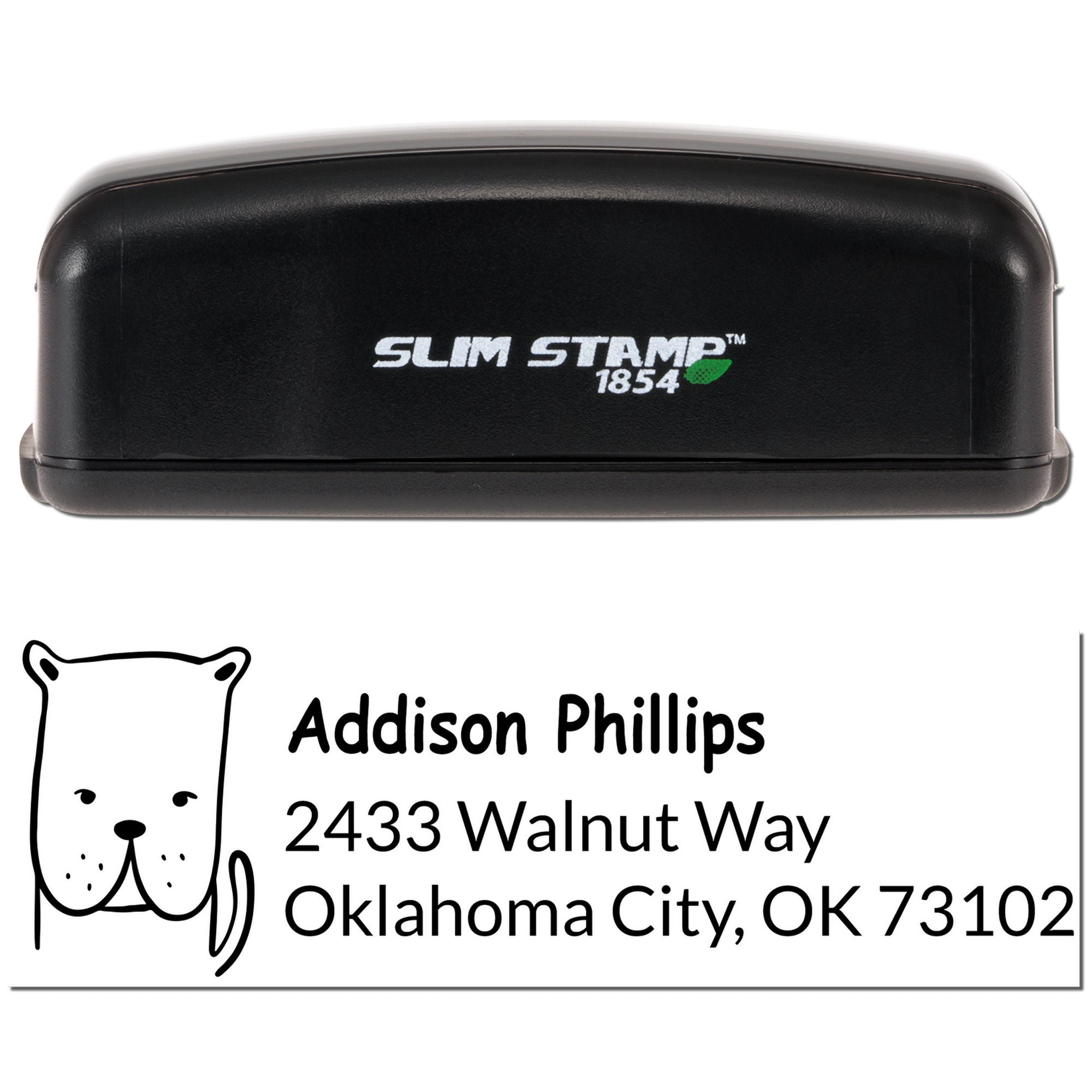 Custom self-inking rubber address stamp with cat icon for Addison Phillips, Oklahoma City, OK 73102.
