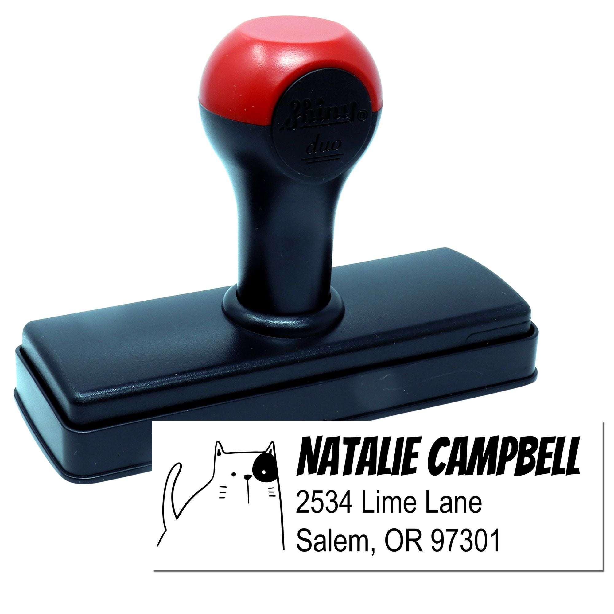 Personalized self-inking return address stamp with cat design for custom mailing and address labeling