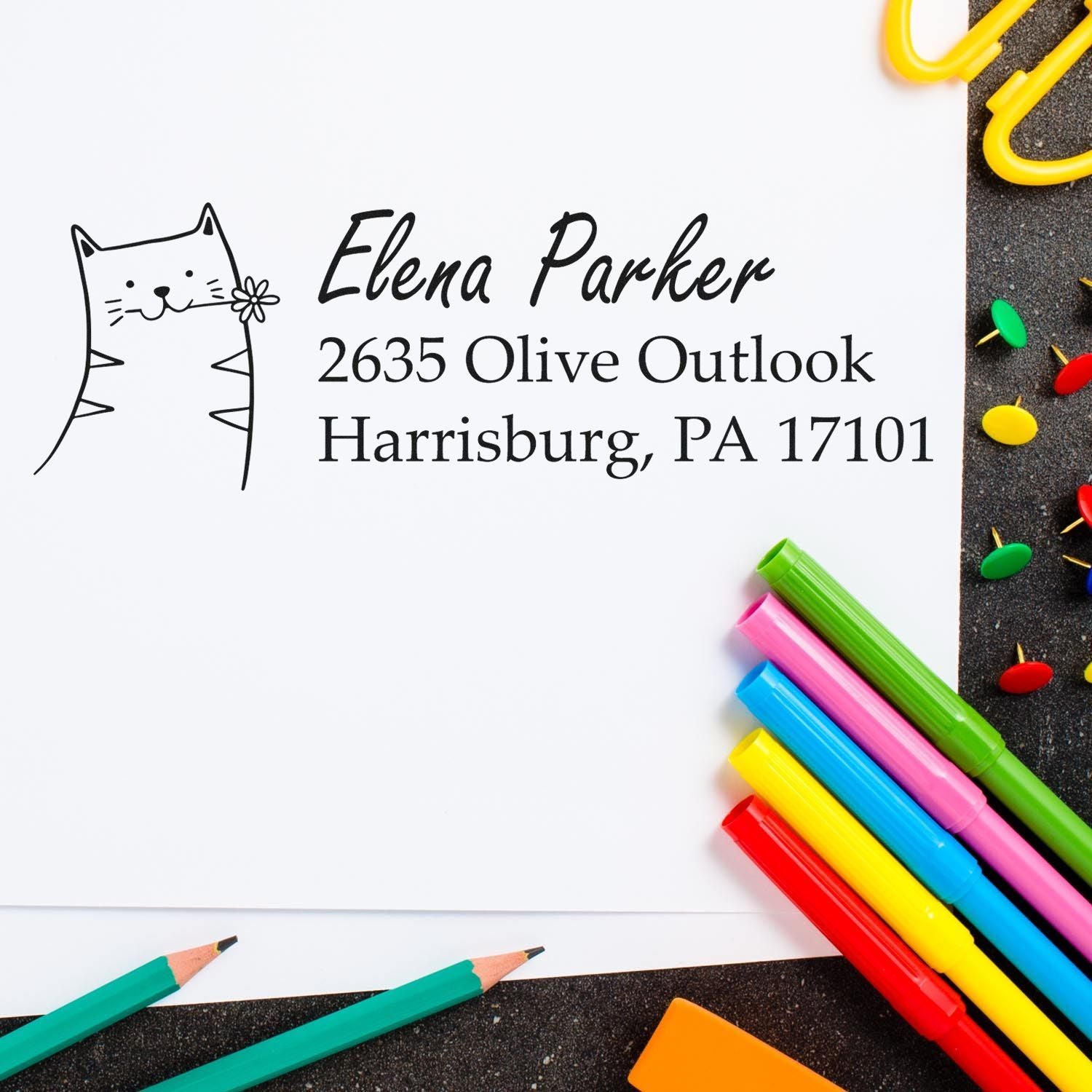 Custom return address rubber stamp with cat design for Elena Parker, Harrisburg, PA 17101.