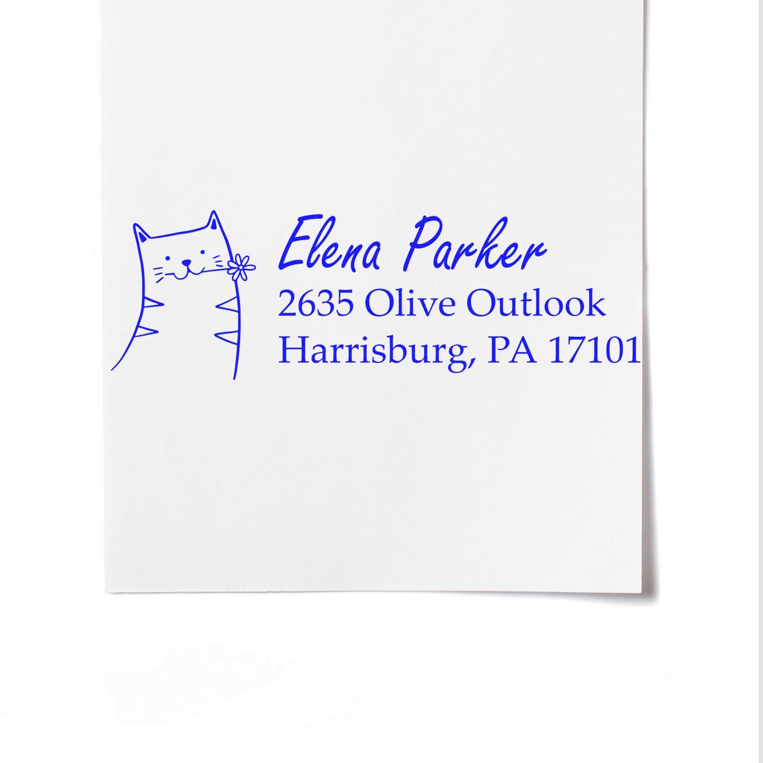 Custom rubber stamp with cat illustration and return address for Elena Parker in Harrisburg, PA.