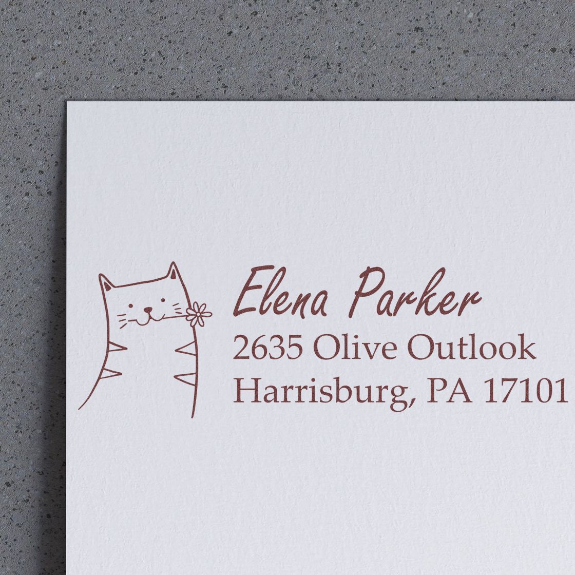 Custom cat address rubber stamp with name Elena Parker and Harrisburg, PA return address on paper.