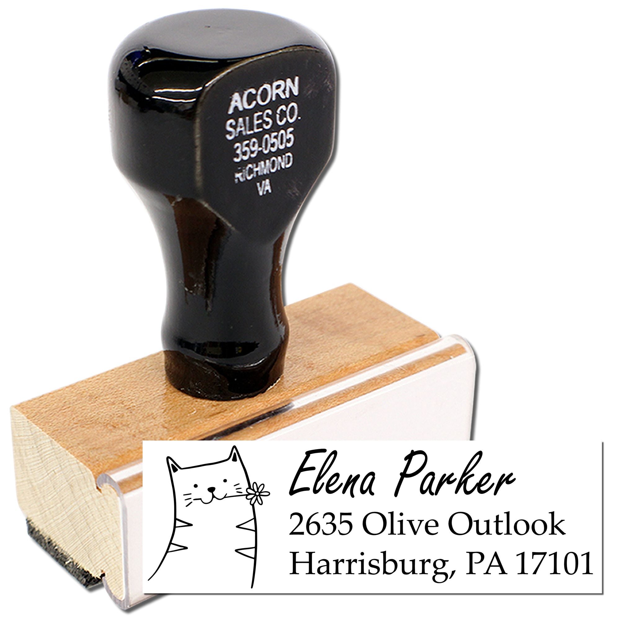Custom rubber address stamp with cat design, personalized return address for Elena Parker, ideal for mailing and branding.