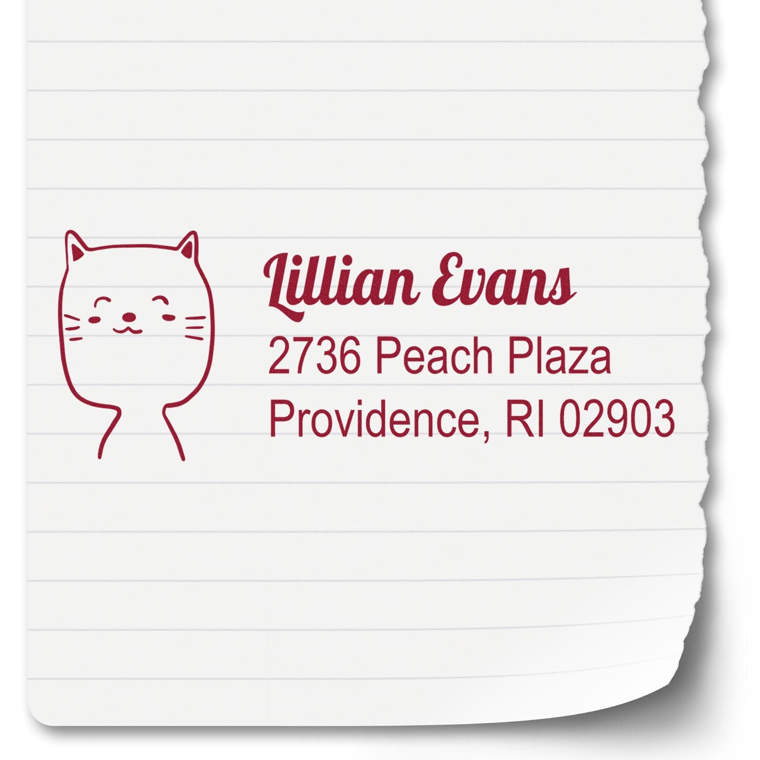 Personalized cat return address rubber stamp for Lillian Evans, 2736 Peach Plaza, Providence, RI 02903.