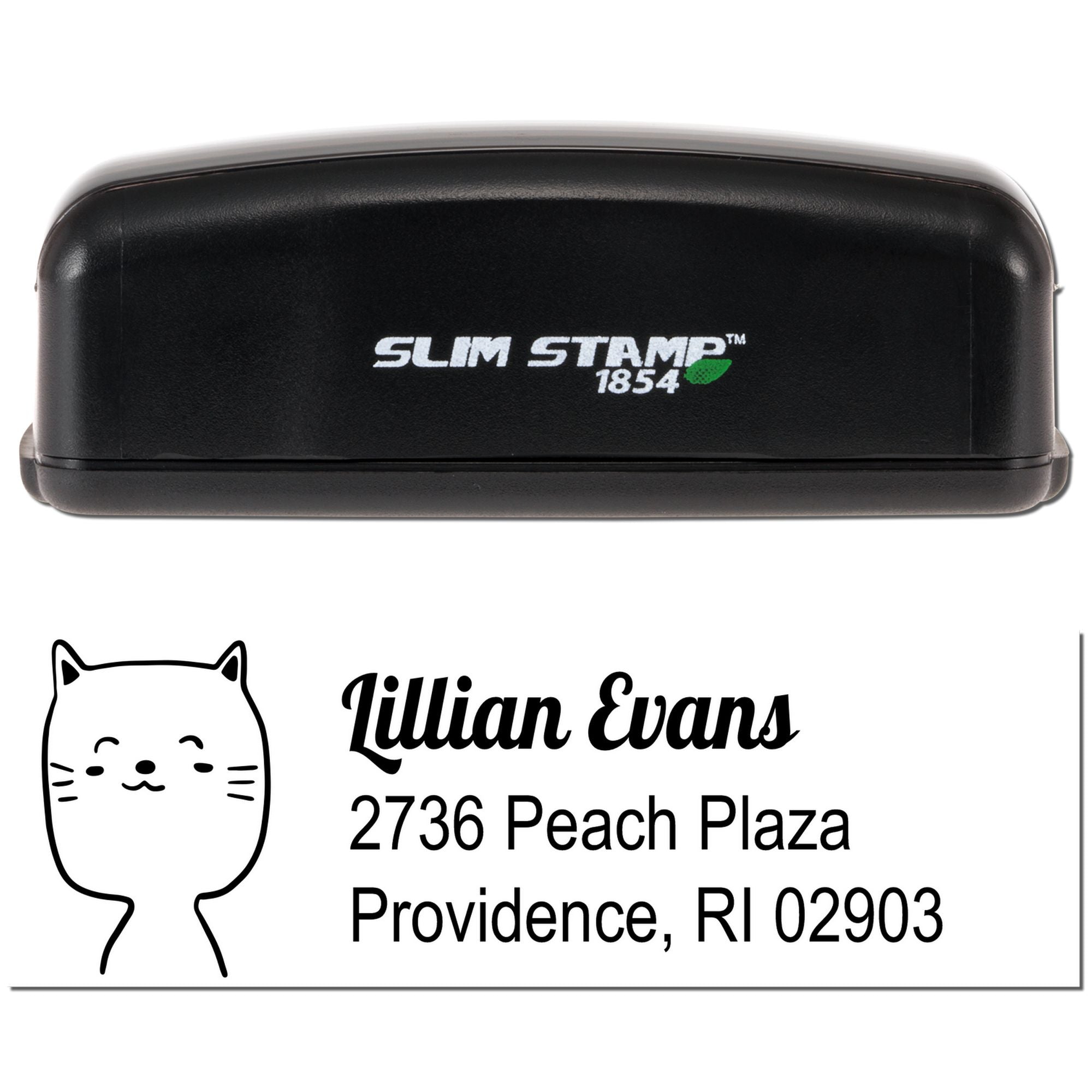 Slim Stamp 1854 self-inking rubber address stamp with custom cat logo for Lillian Evans, Providence, RI 02903.