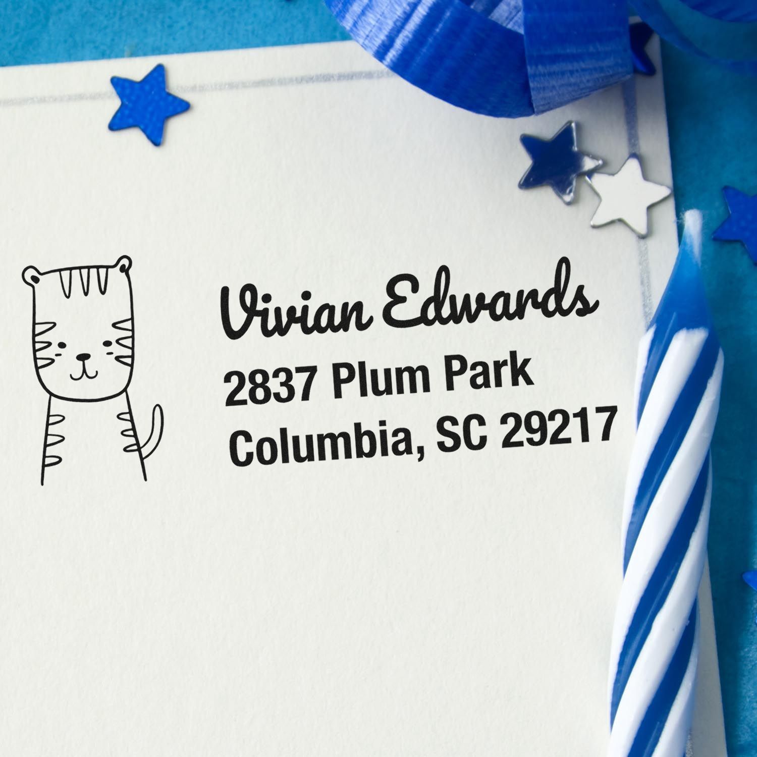 Custom rubber address stamp with tiger design for Vivian Edwards, Columbia, SC 29217.