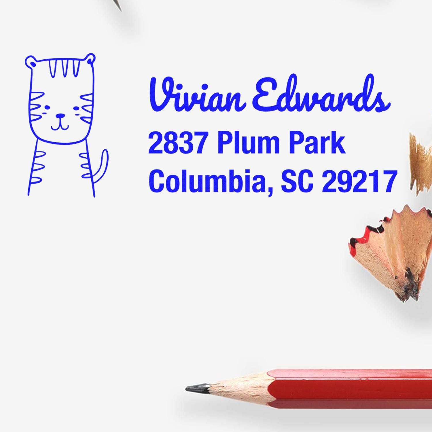 Custom cat return address rubber stamp for Vivian Edwards, 2837 Plum Park, Columbia, SC 29217