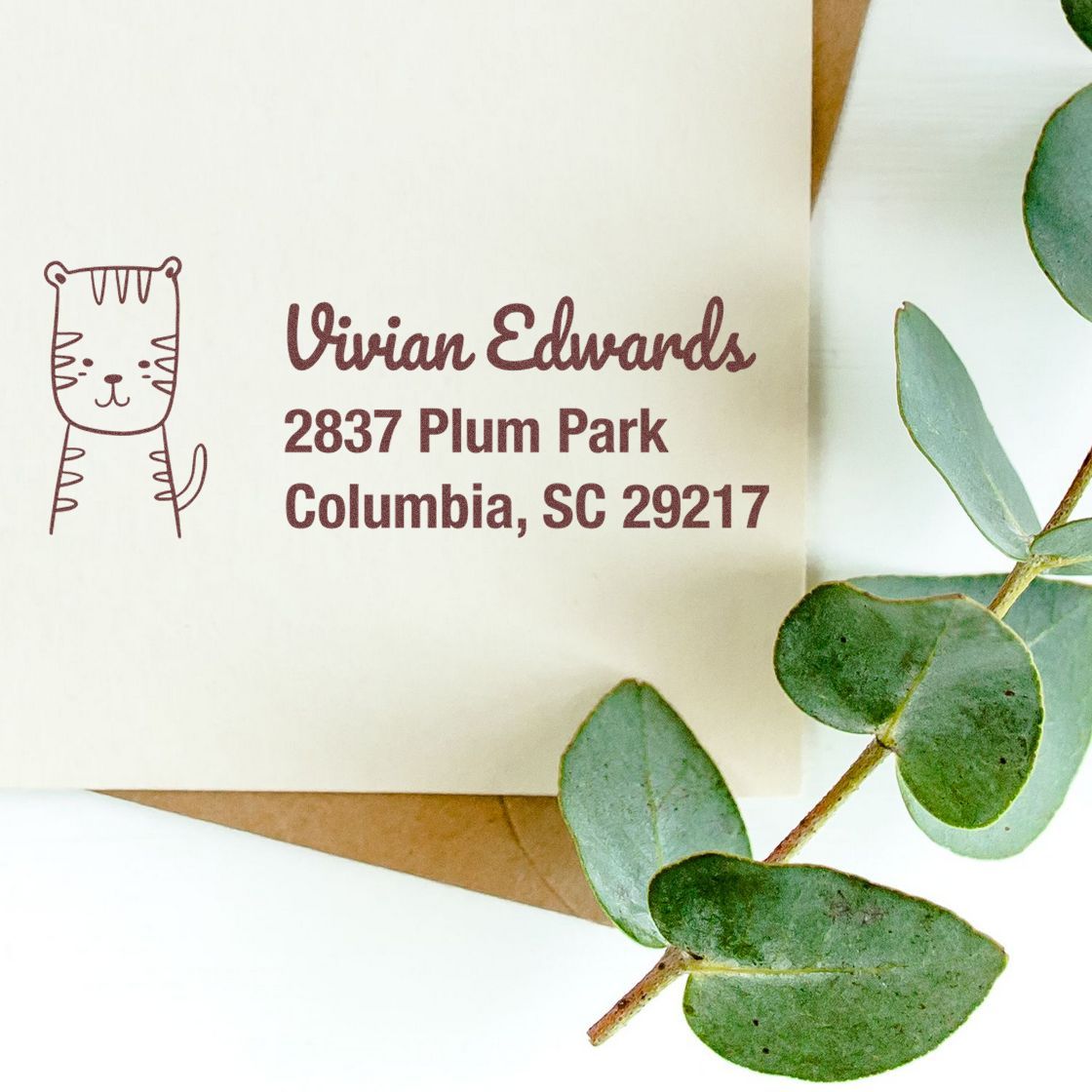 Personalized return address rubber stamp with cat design for Vivian Edwards, Columbia, SC mailing envelopes.