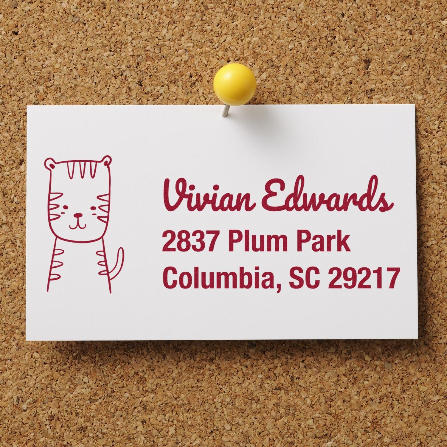 Custom rubber return address stamp with cat design for Vivian Edwards, 2837 Plum Park, Columbia, SC 29217.