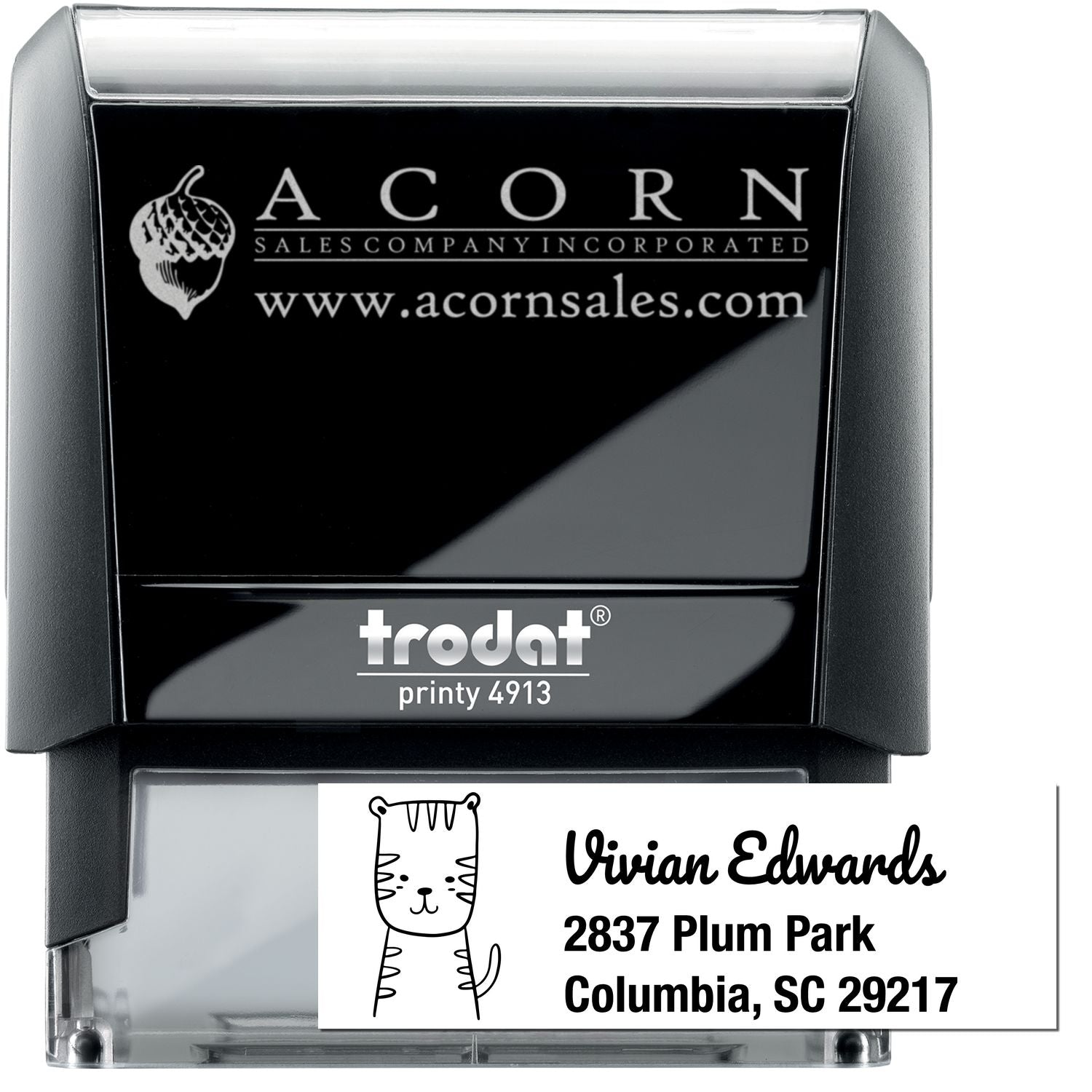 Custom self-inking rubber stamp Trodat Printy 4913 showing business logo and personalized return address imprint.