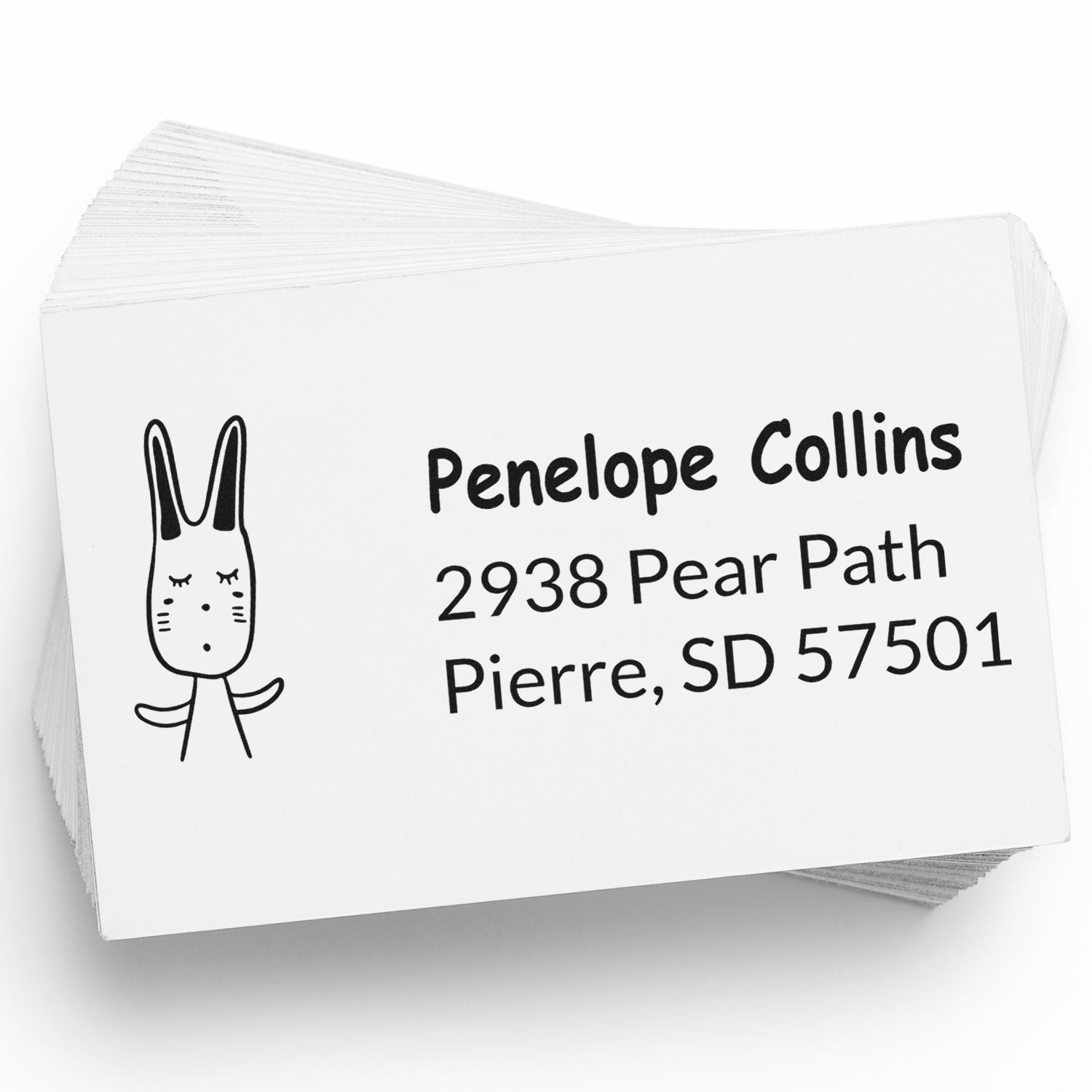 Custom rubber stamp with bunny icon and return address for Penelope Collins, Pierre, SD 57501