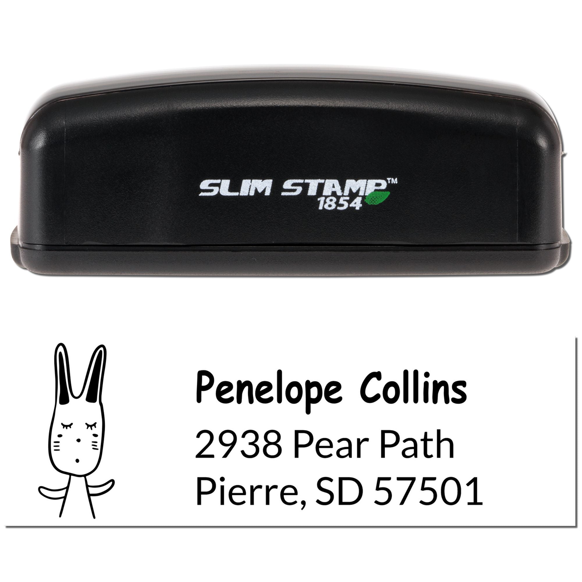 Custom address rubber stamp with rabbit design, showing Penelope Collins, 2938 Pear Path, Pierre, SD 57501.
