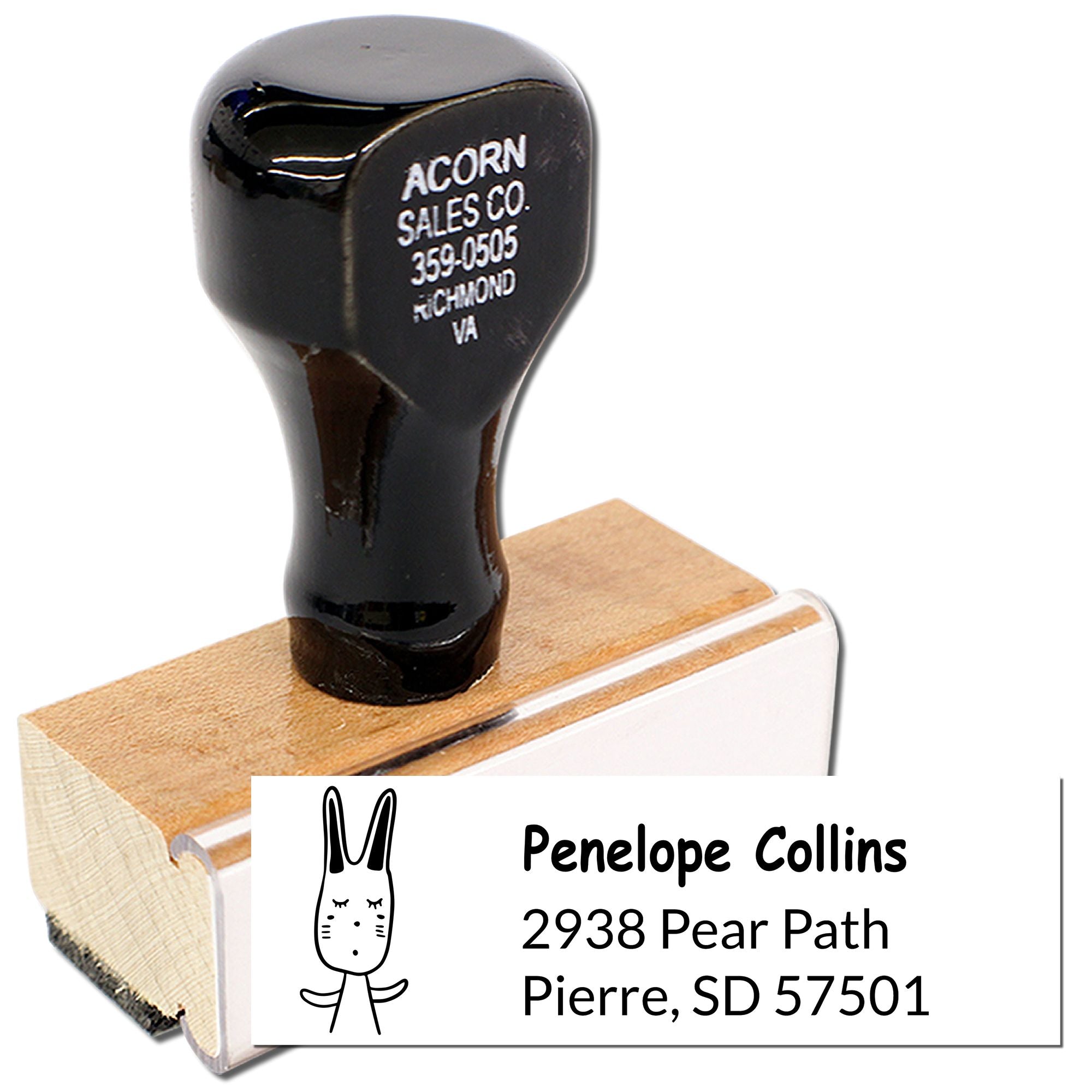 Custom personalized address rubber stamp with bunny icon, ideal for return addresses, envelopes, and mailing labels.