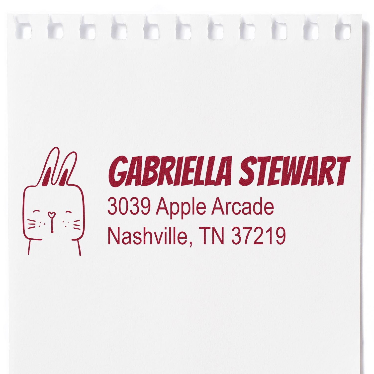 Custom rabbit return address rubber stamp with Gabriella Stewart name and Nashville, TN address in red ink.