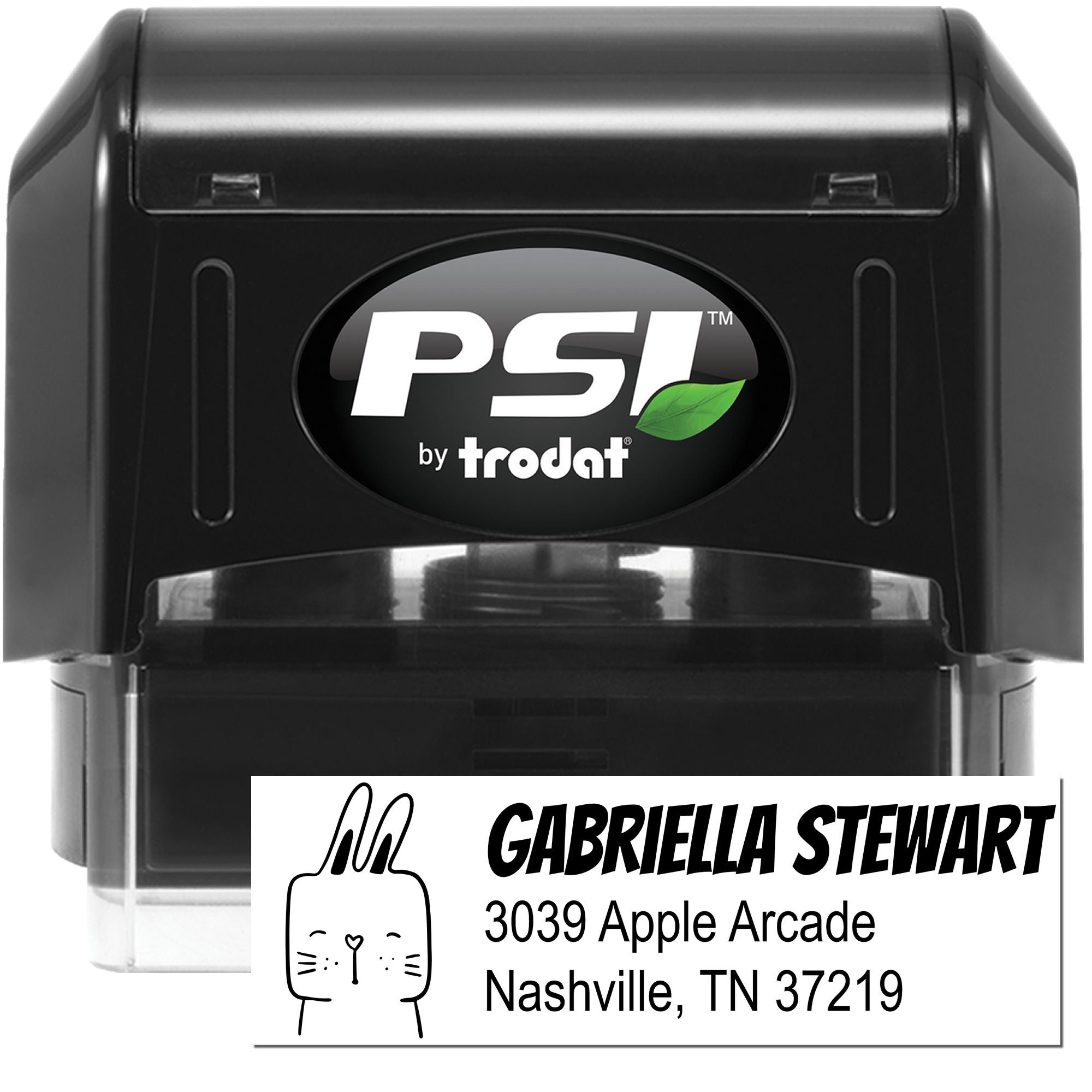 PSI by Trodat custom address rubber stamp with cat icon, showing Gabriella Stewart Nashville TN return address imprint.