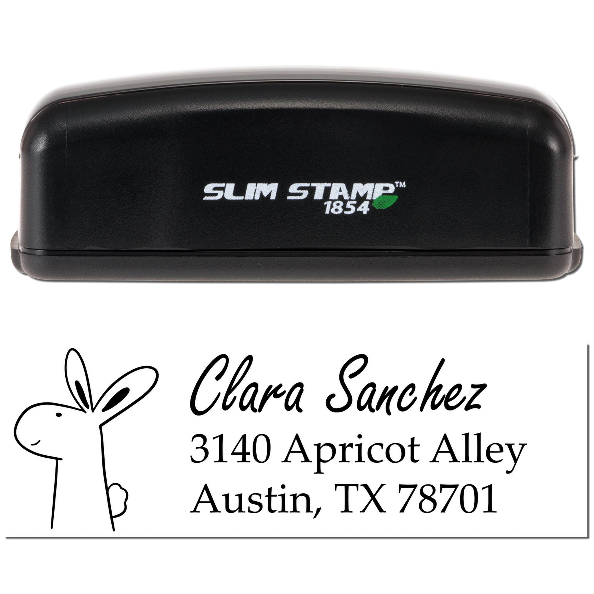 Custom return address rubber stamp with bunny design and Clara Sanchez Austin, TX address, Slim Stamp 1854.