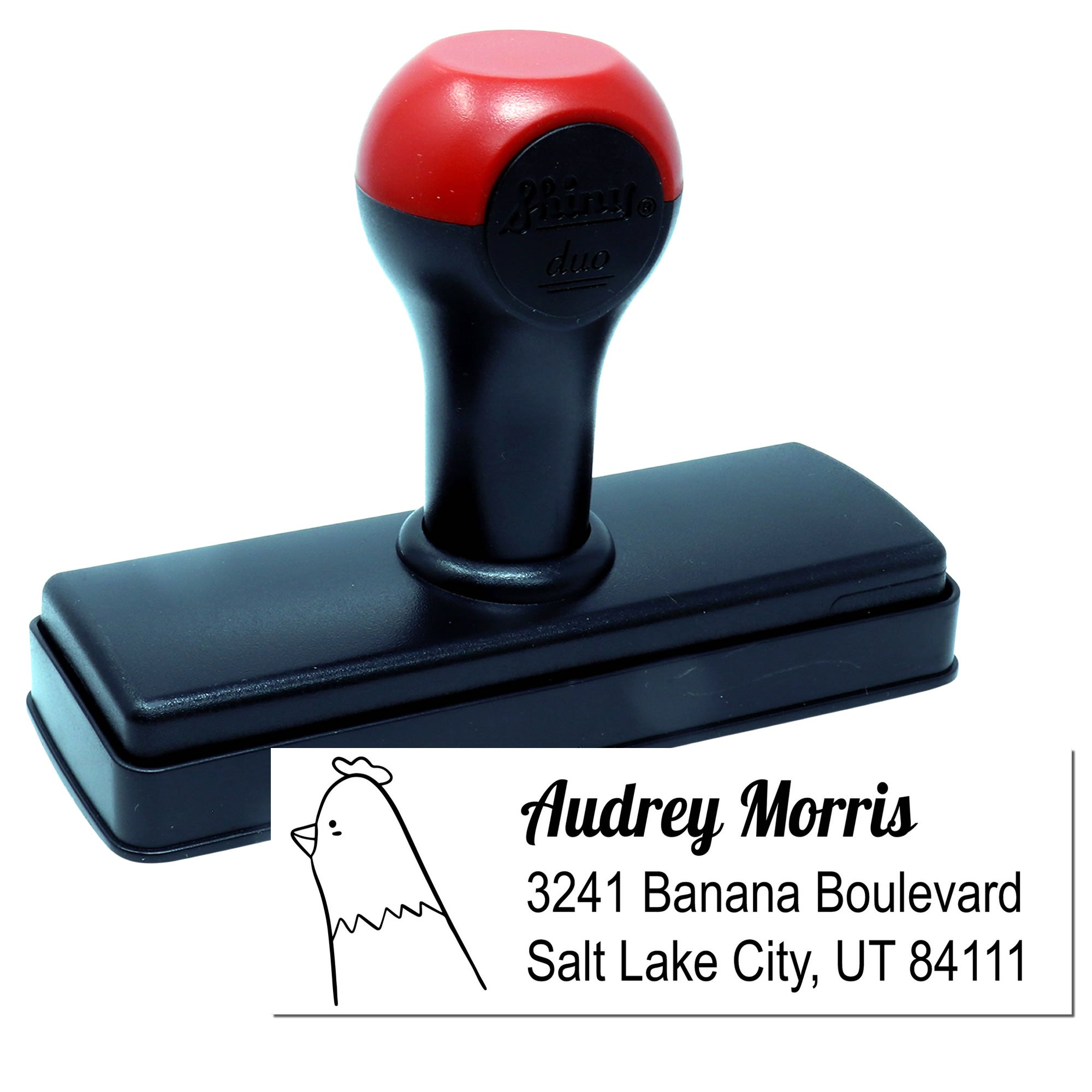 Custom self-inking return address rubber stamp with chicken design, ideal for personalized mailing and packaging.