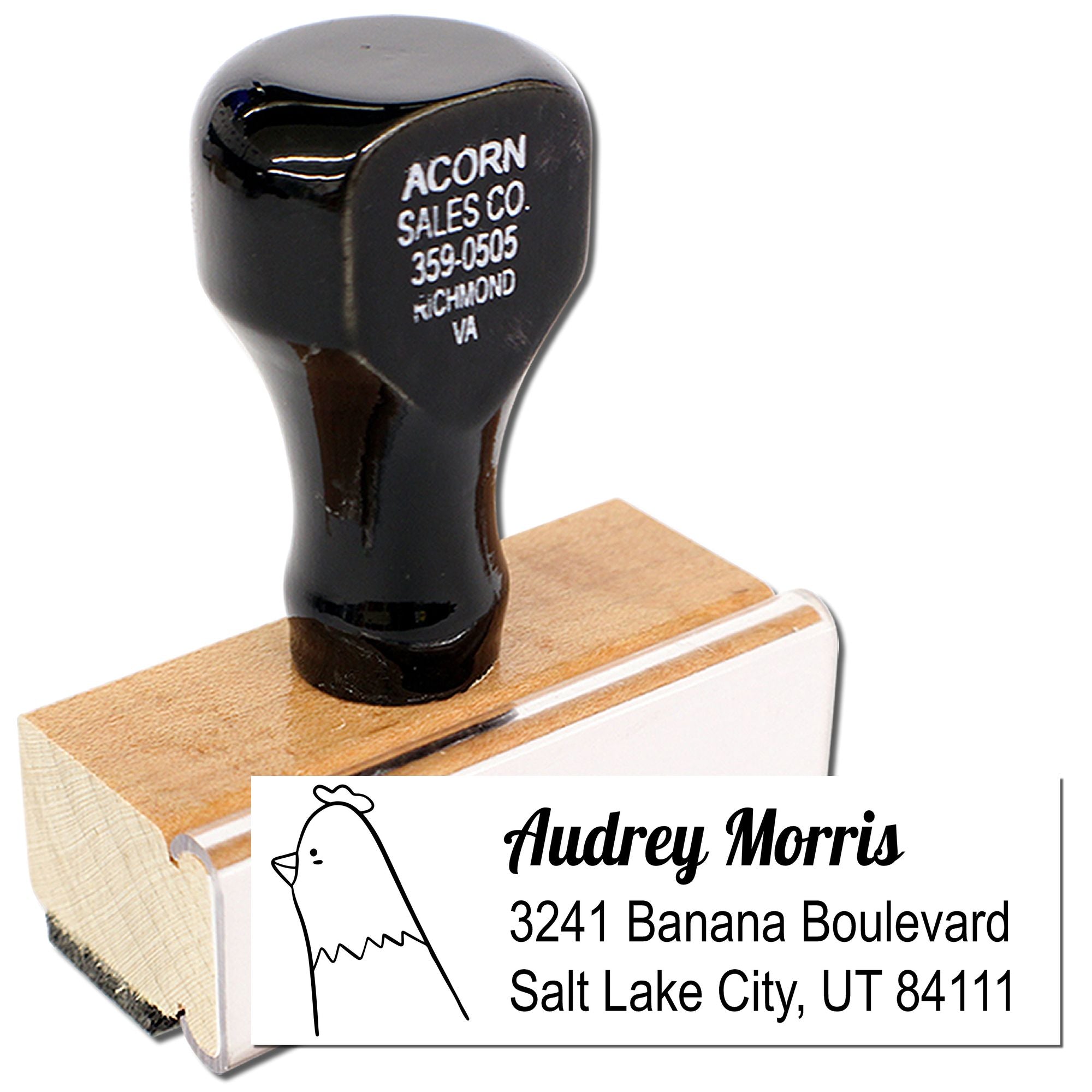 Custom rubber address stamp with chicken icon, featuring Audrey Morris return address for Salt Lake City, UT envelopes