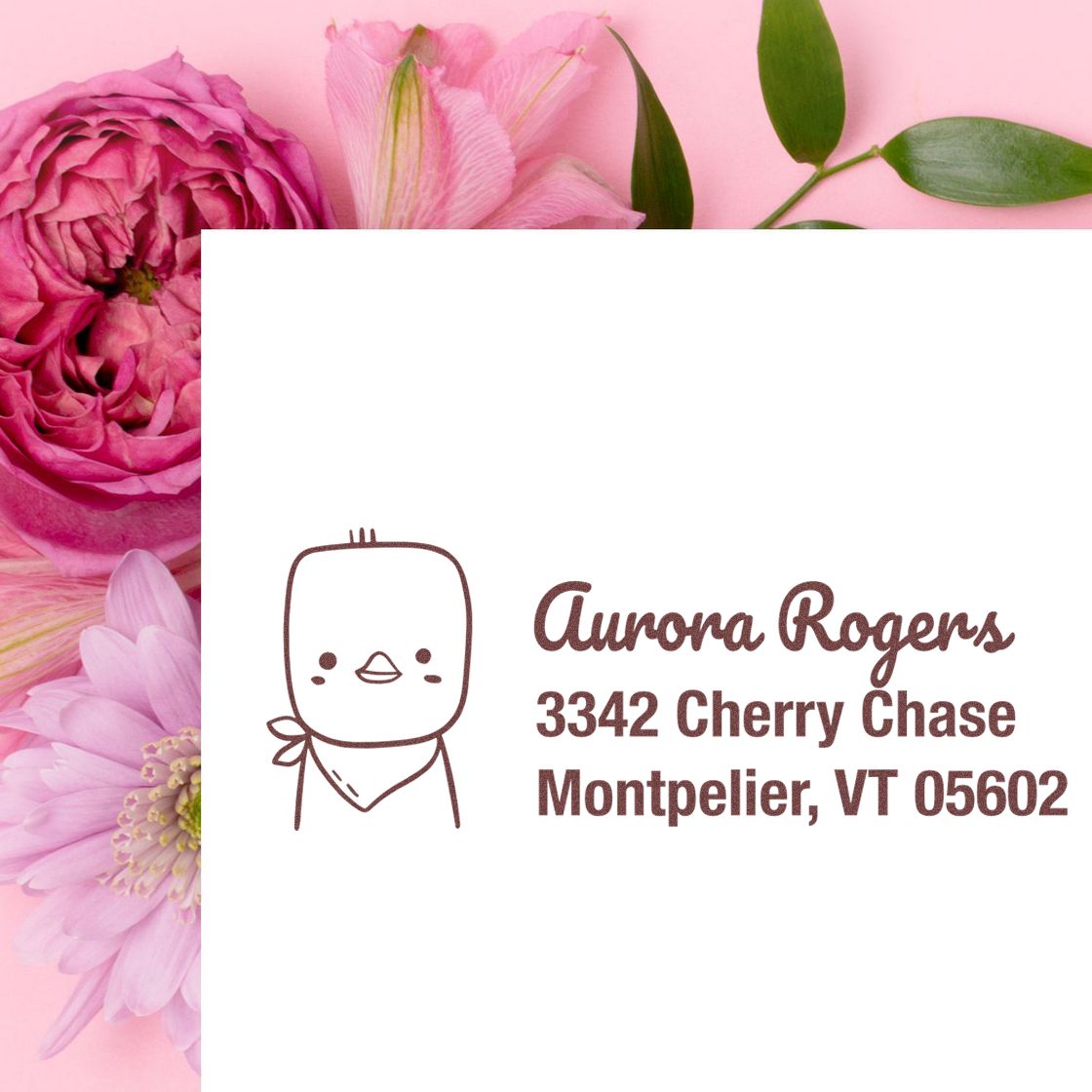Personalized return address rubber stamp featuring cute bird logo, Aurora Rogers address, and pink floral design.