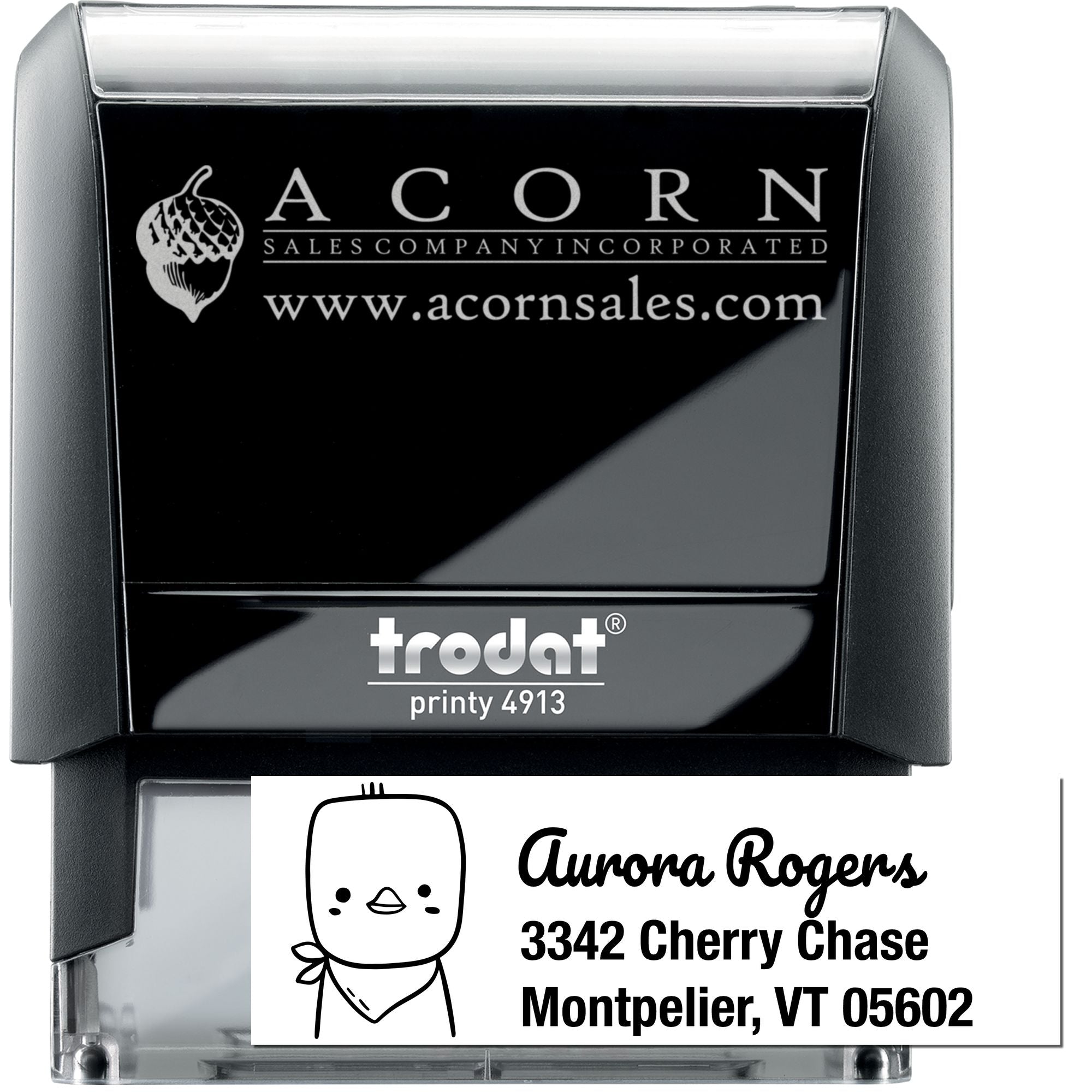 Trodat Printy 4913 self-inking rubber address stamp with custom Aurora Rogers return address, Montpelier VT