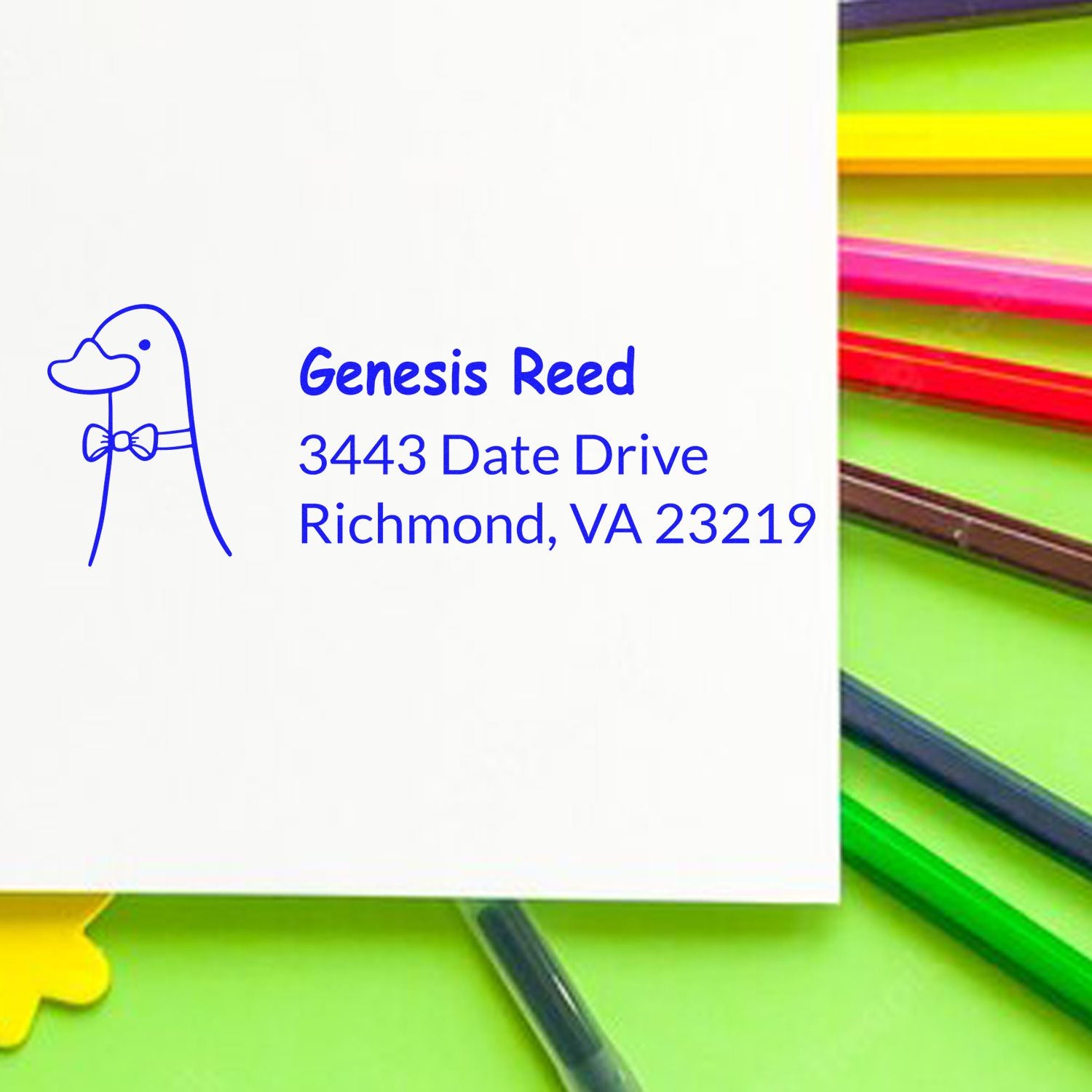 Custom address rubber stamp for Genesis Reed, featuring a duck logo and Richmond, VA 23219 return address.