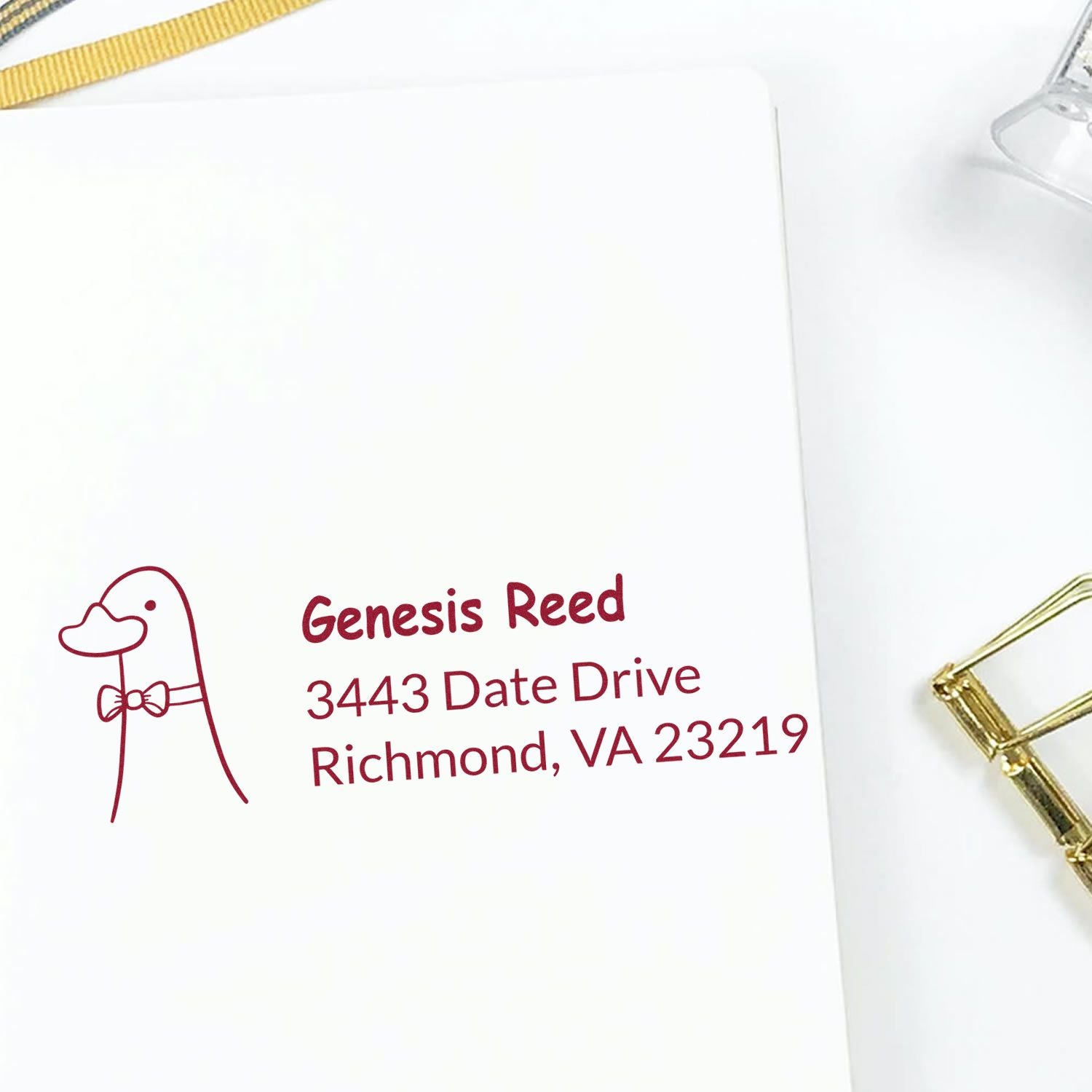 Custom return address rubber stamp with duck design for Genesis Reed, 3443 Date Drive, Richmond, VA 23219.