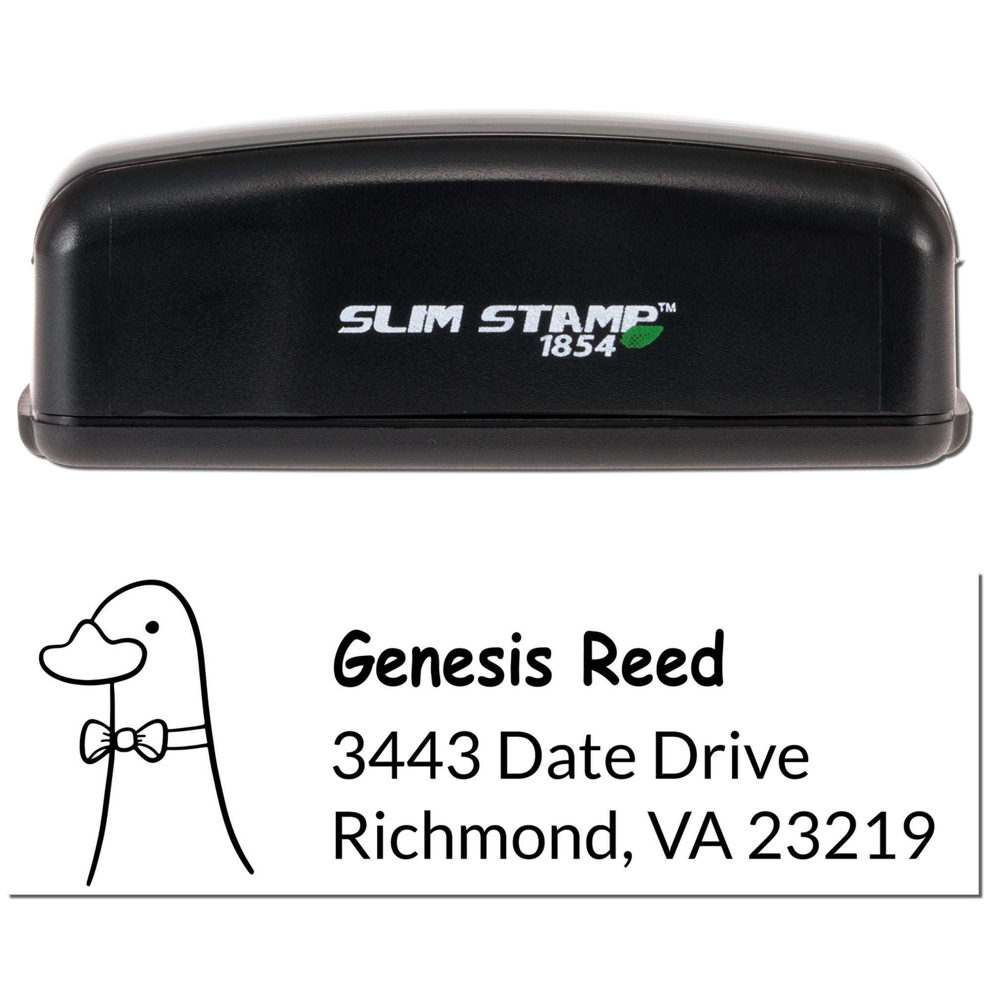 Slim Stamp 1854 self-inking custom address rubber stamp with duck logo for Genesis Reed, Richmond, VA 23219.