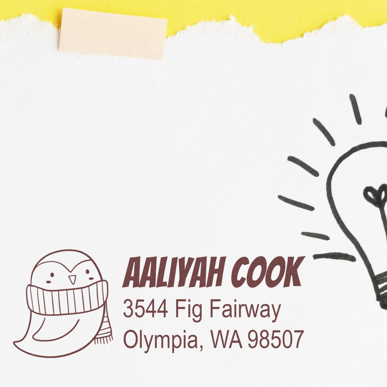 Personalized rubber address stamp with owl design for Aaliyah Cook, Olympia, WA return mail.
