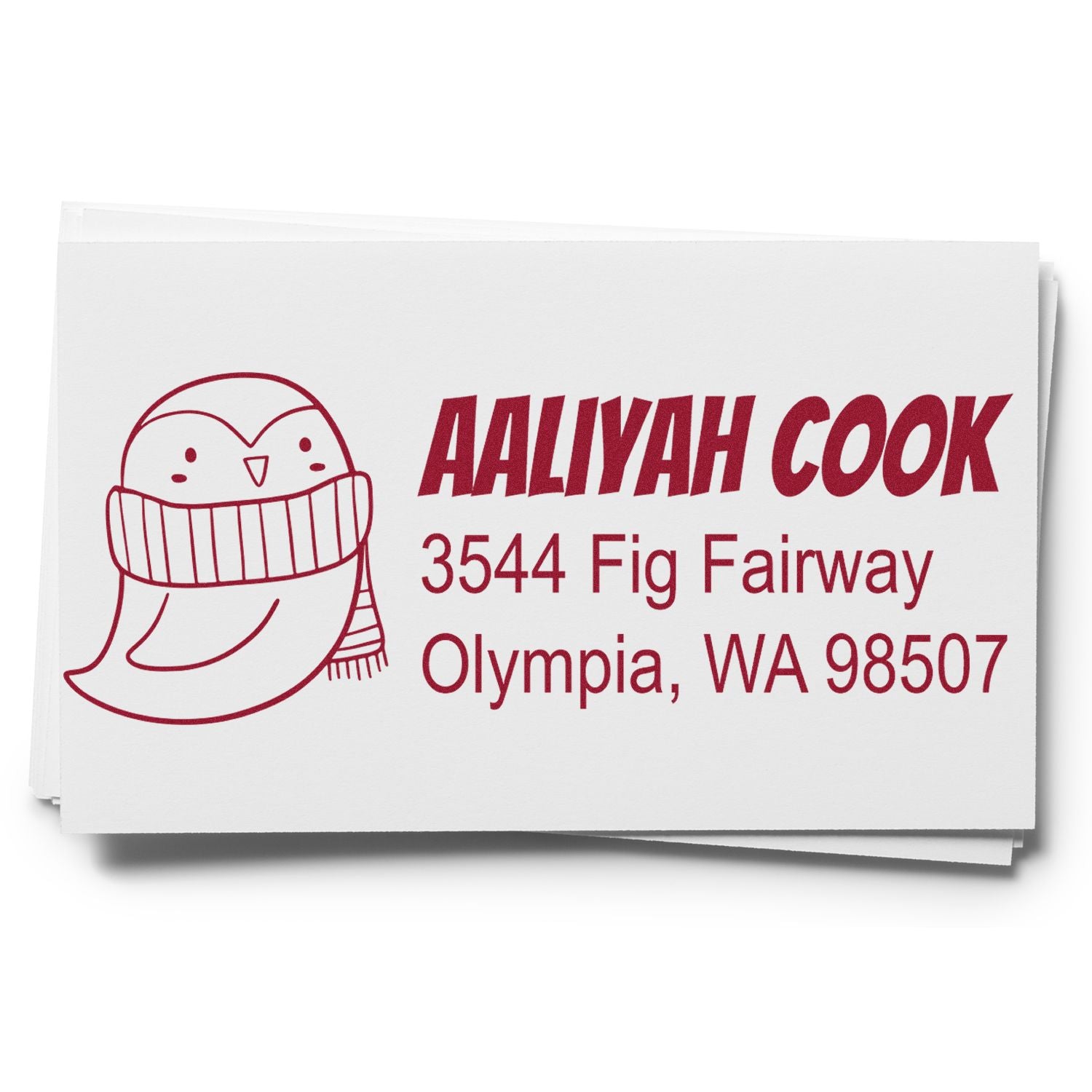 Personalized rubber return address stamp for Aaliyah Cook, Olympia, WA, featuring a penguin scarf logo.