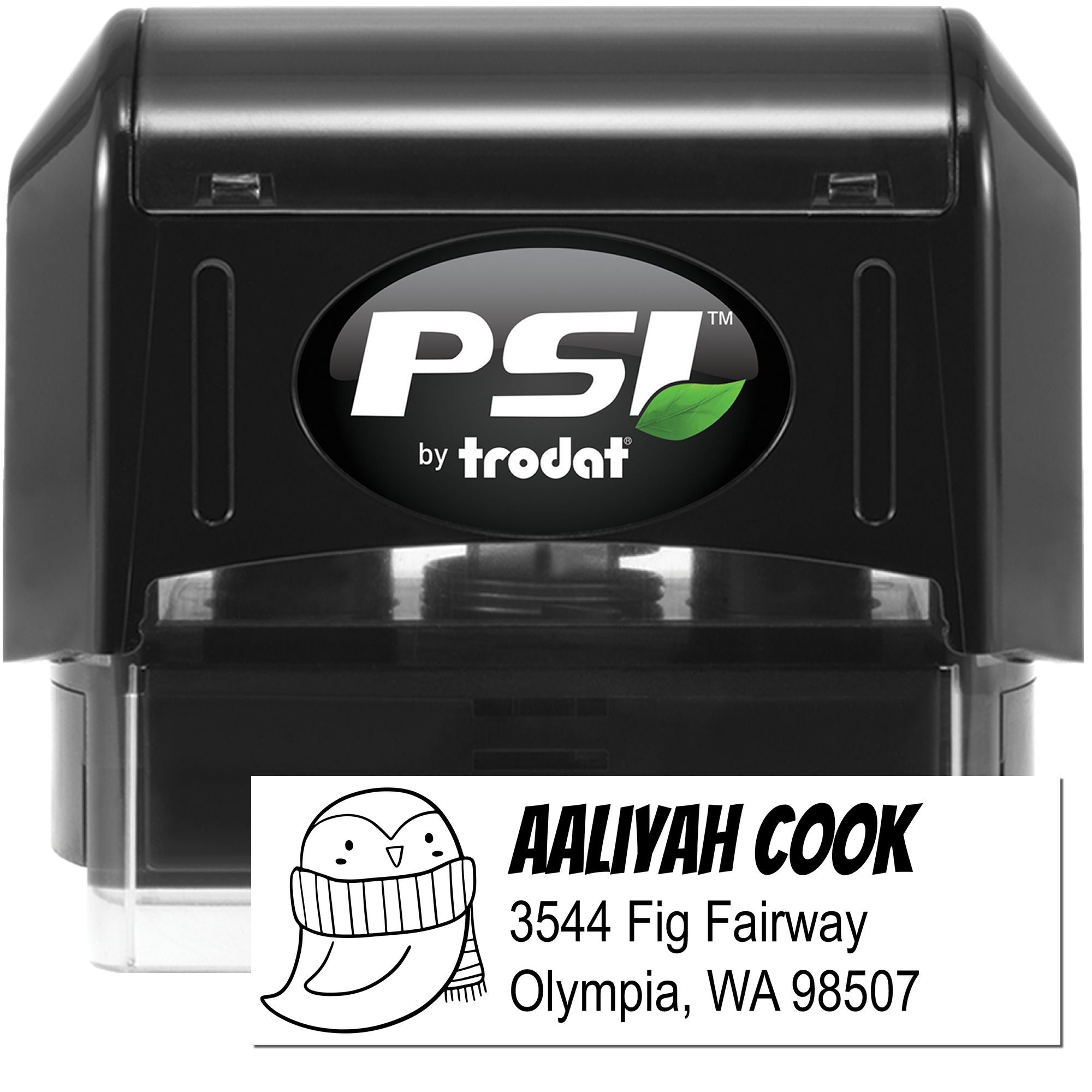 Custom PSI by Trodat self-inking rubber stamp with Aaliyah Cook address imprint for mail, business, or return labels.
