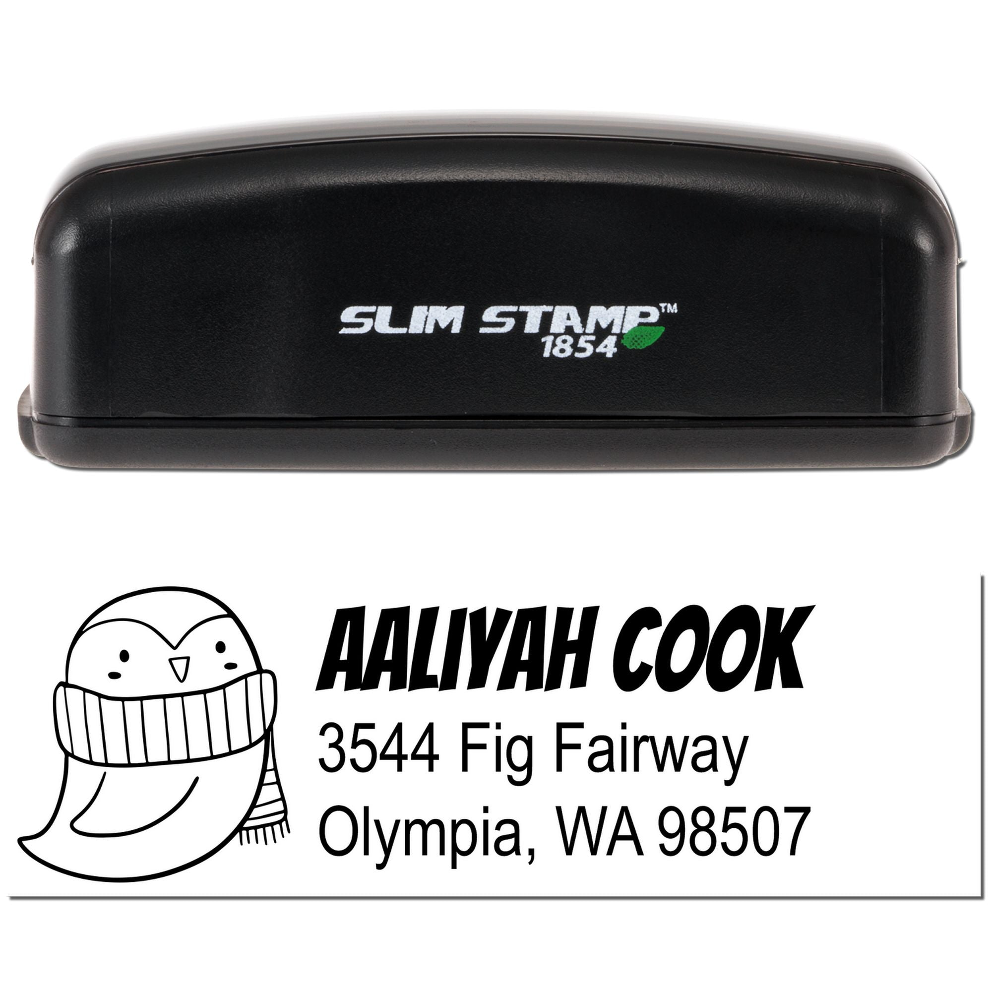 Custom self-inking address rubber stamp with owl design for Aaliyah Cook, 3544 Fig Fairway, Olympia, WA 98507.