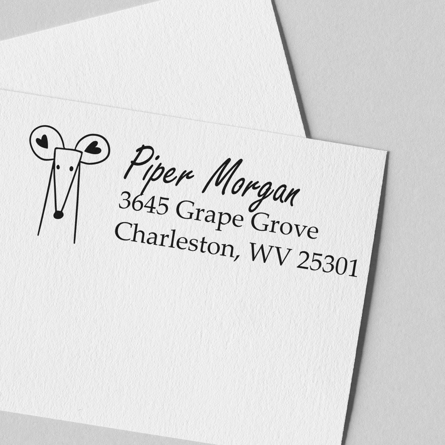 Custom return address rubber stamp with mouse icon for Piper Morgan, Charleston WV, ideal for personalized mailing.
