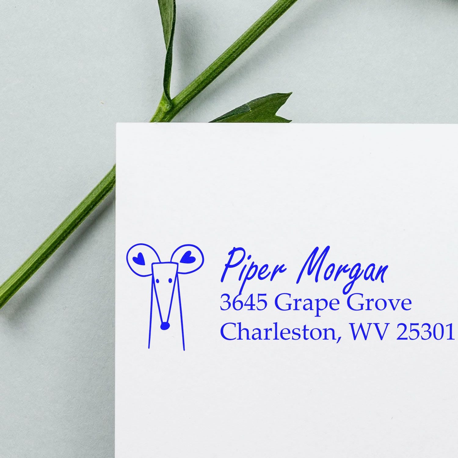Custom return address rubber stamp with mouse icon and blue ink, featuring Piper Morgan, Charleston, WV address.