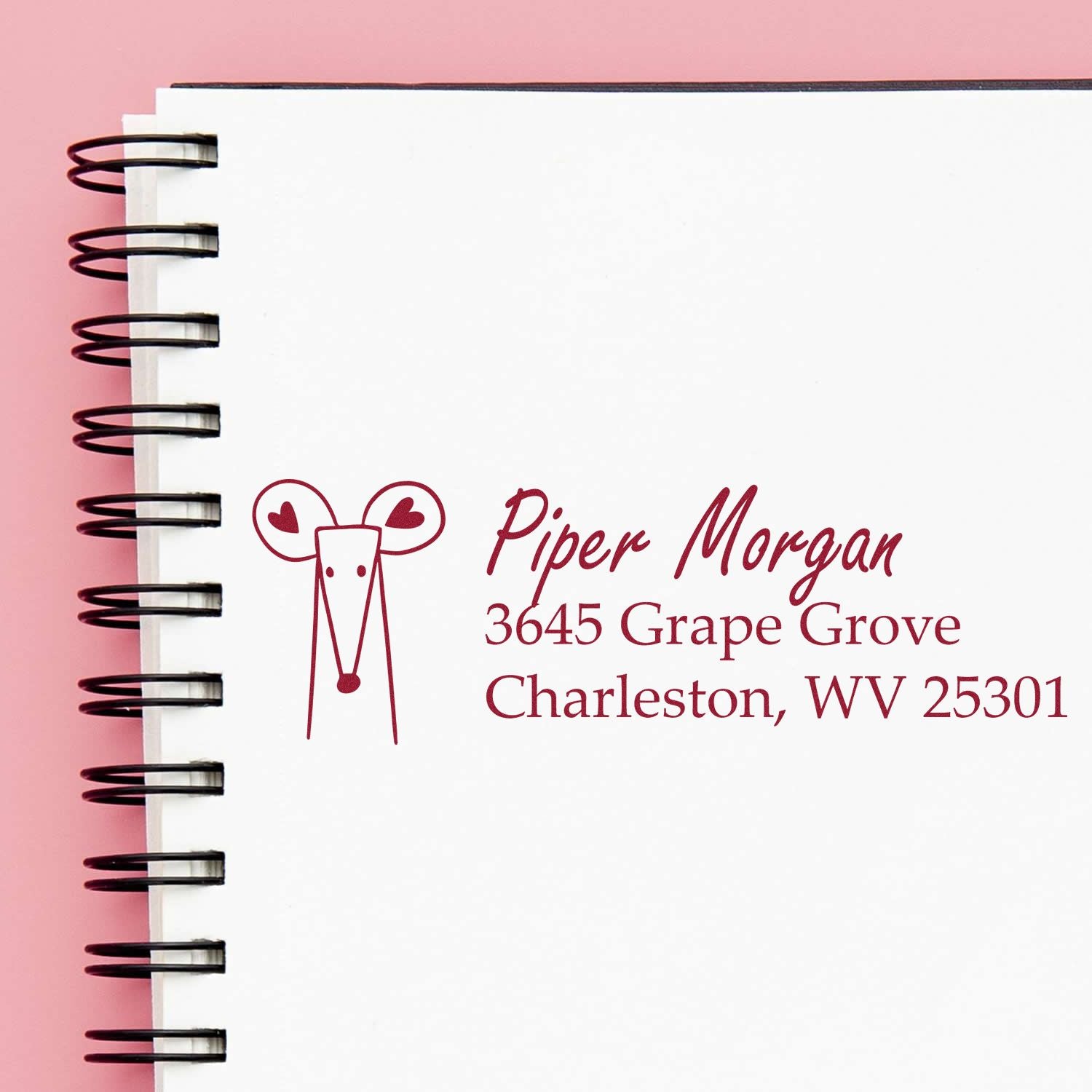 Custom address rubber stamp with mouse logo for Piper Morgan, 3645 Grape Grove, Charleston, WV 25301.