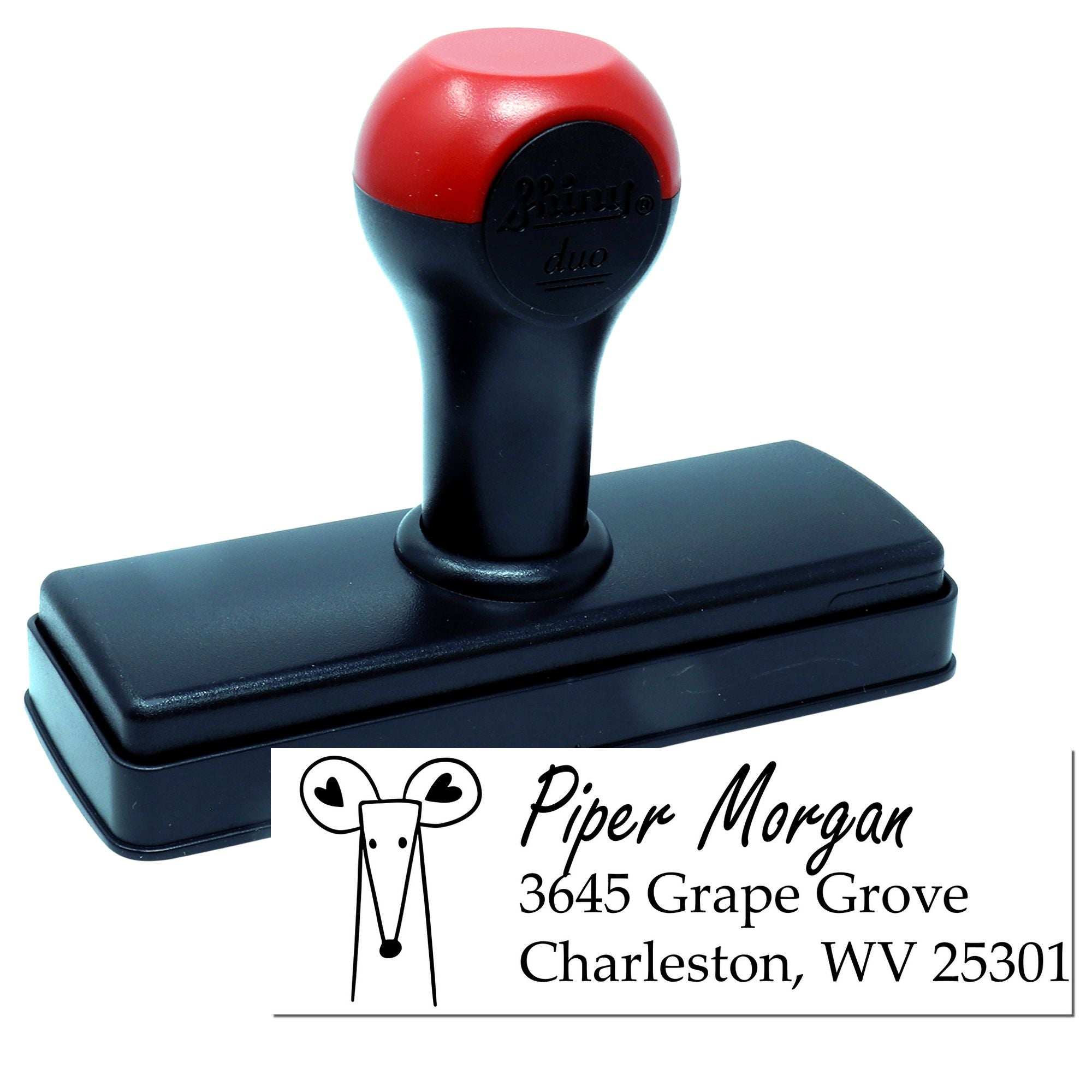 Personalized self-inking address rubber stamp with name and logo for business mailings.
