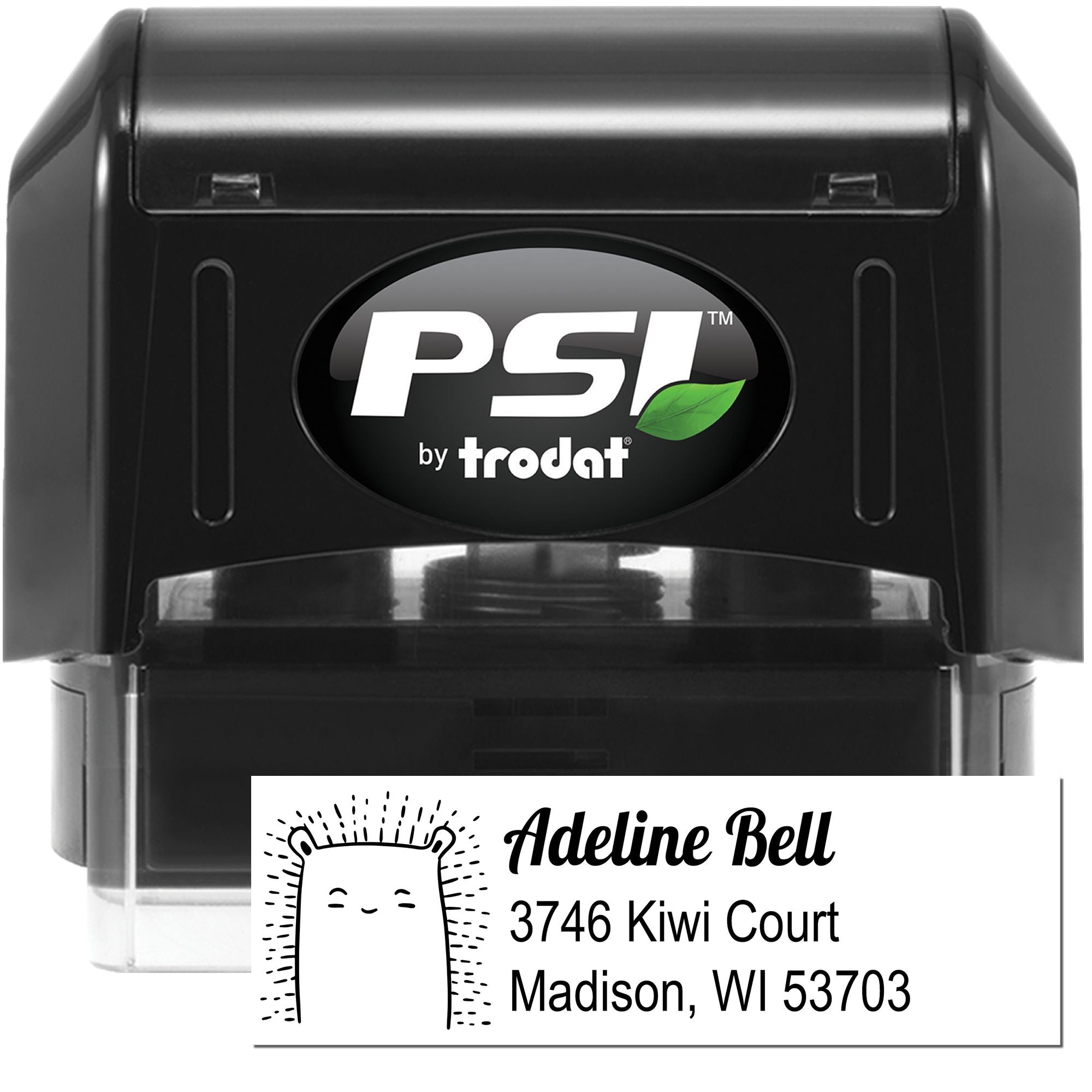 PSI by Trodat self-inking custom address rubber stamp with Adeline Bell address imprint, Madison, WI