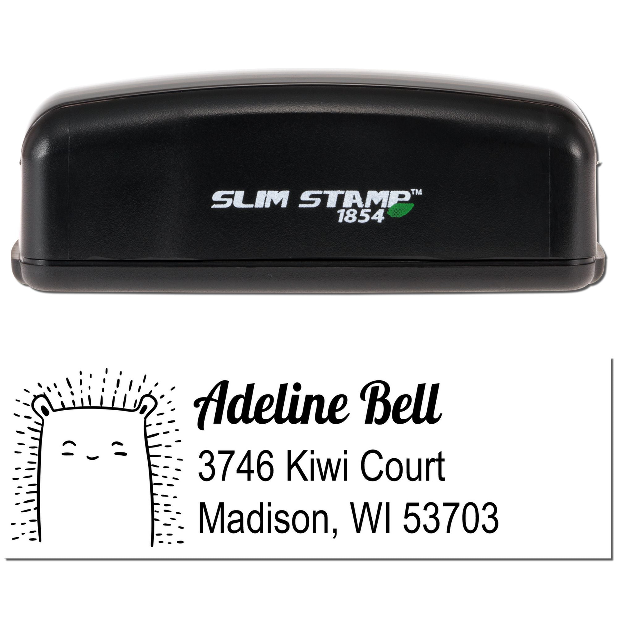 Custom self-inking address rubber stamp with cat design, showing Slim Stamp 1854 and personalized name and address imprint.