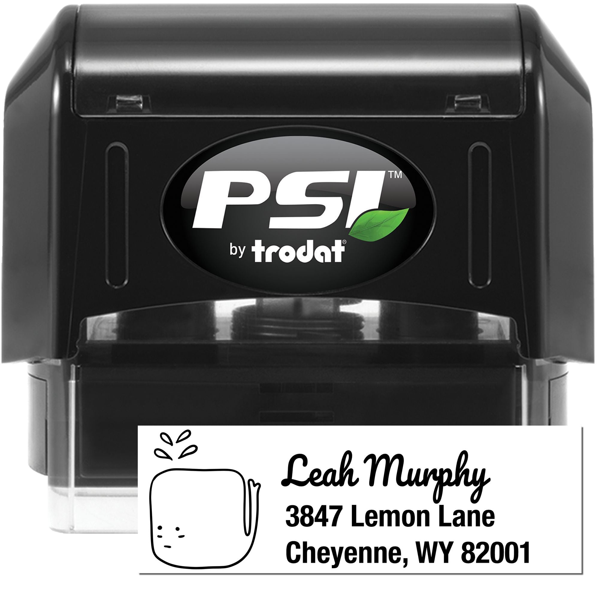 PSI by Trodat self-inking rubber stamp with custom return address impression for Leah Murphy in Cheyenne, WY