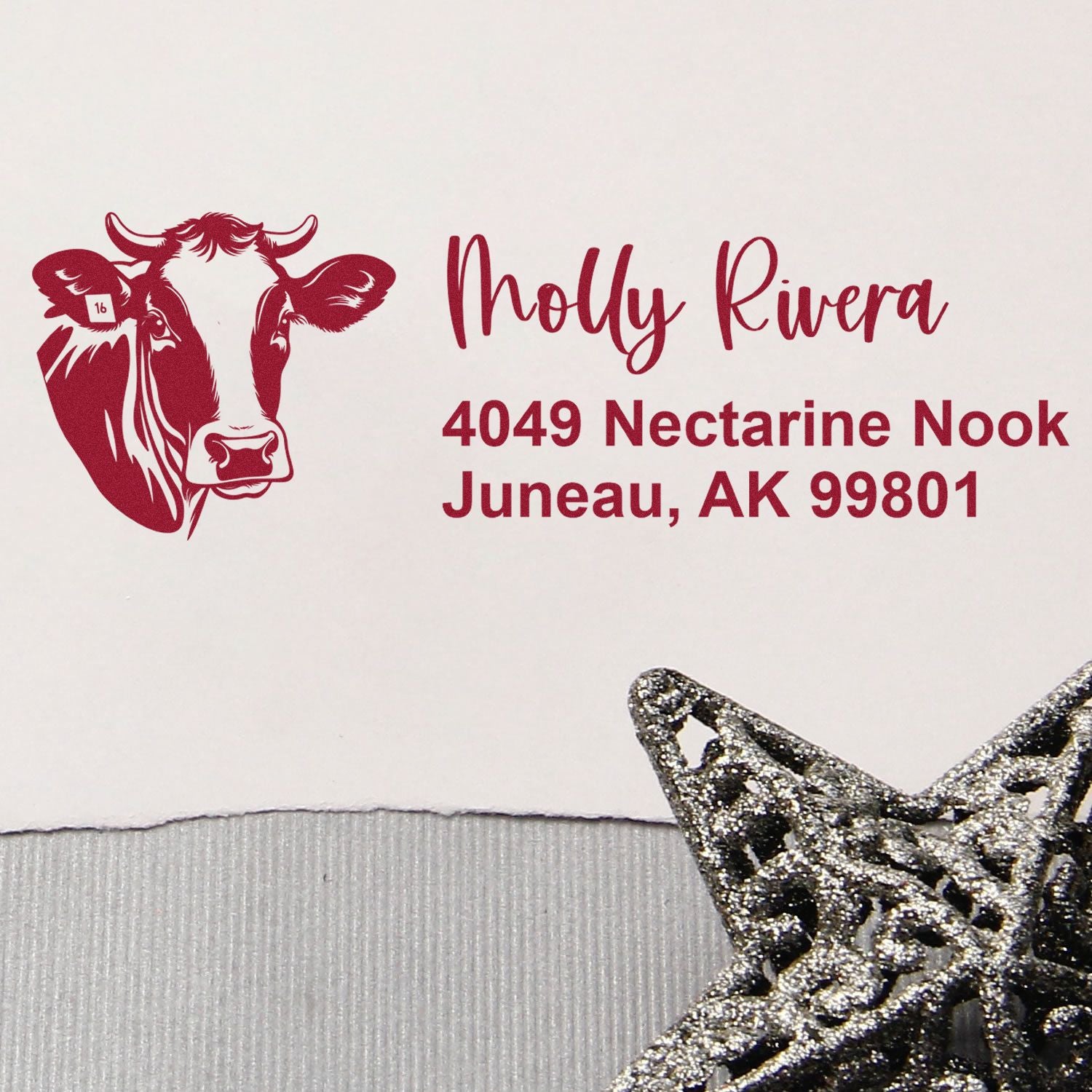 Custom return address rubber stamp with cow logo for Molly Rivera, 4049 Nectarine Nook, Juneau, AK 99801