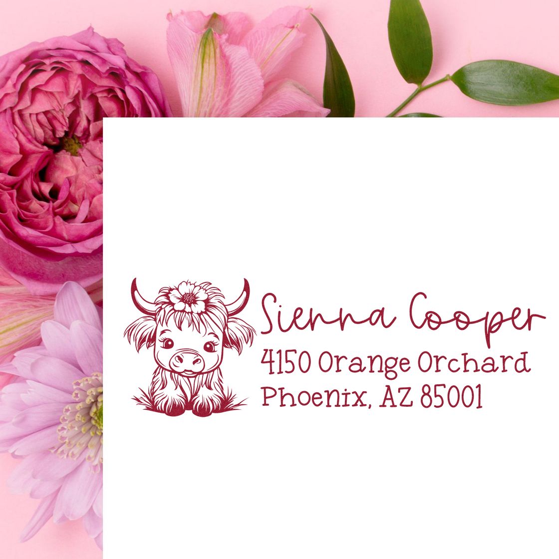 Custom cow return address rubber stamp with name and Phoenix, AZ address sample.