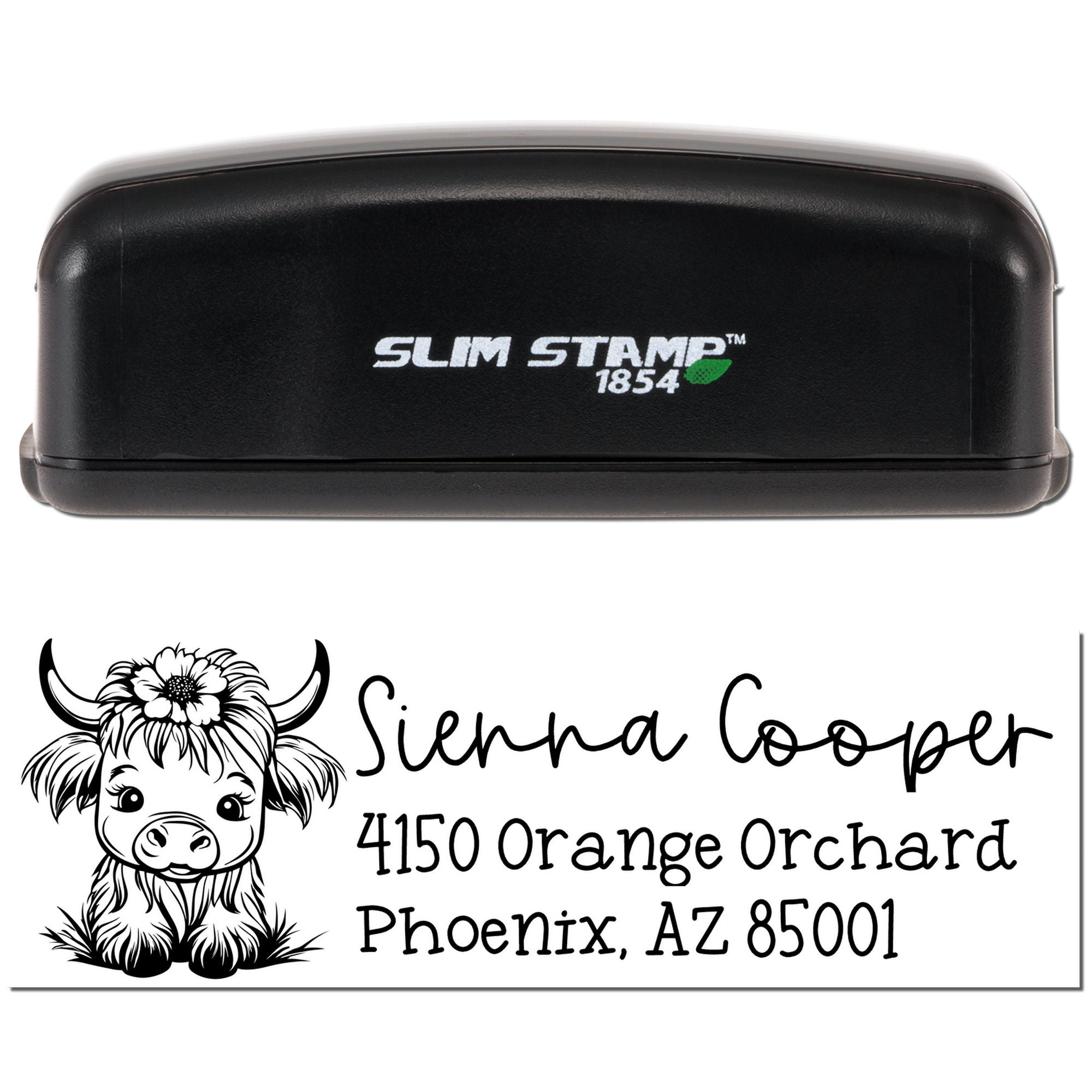 Custom self-inking rubber address stamp with cow illustration, Slim Stamp 1854, for Sienna Cooper in Phoenix, AZ 85001.