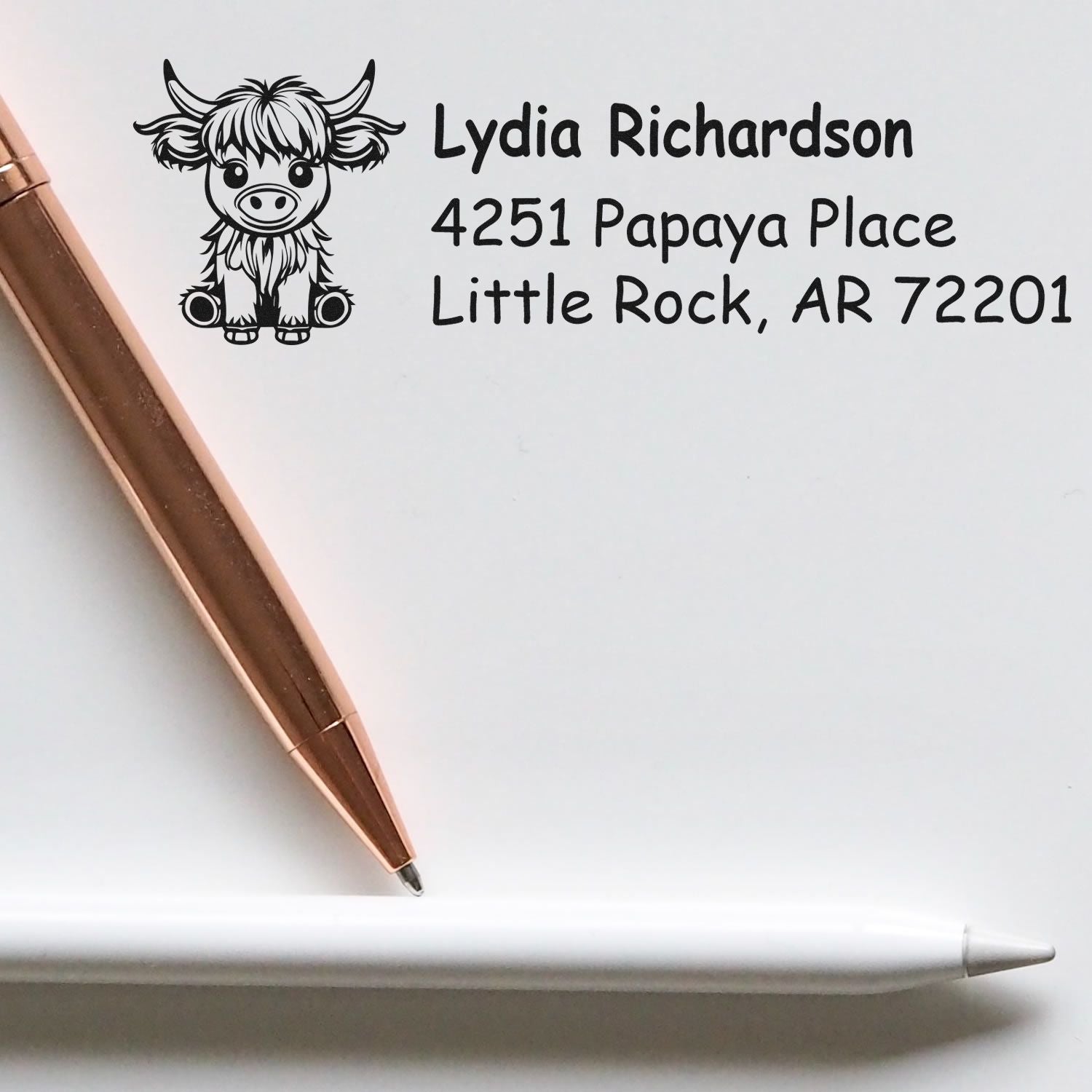 Personalized return address rubber stamp with highland cow design for Lydia Richardson in Little Rock, AR 72201.