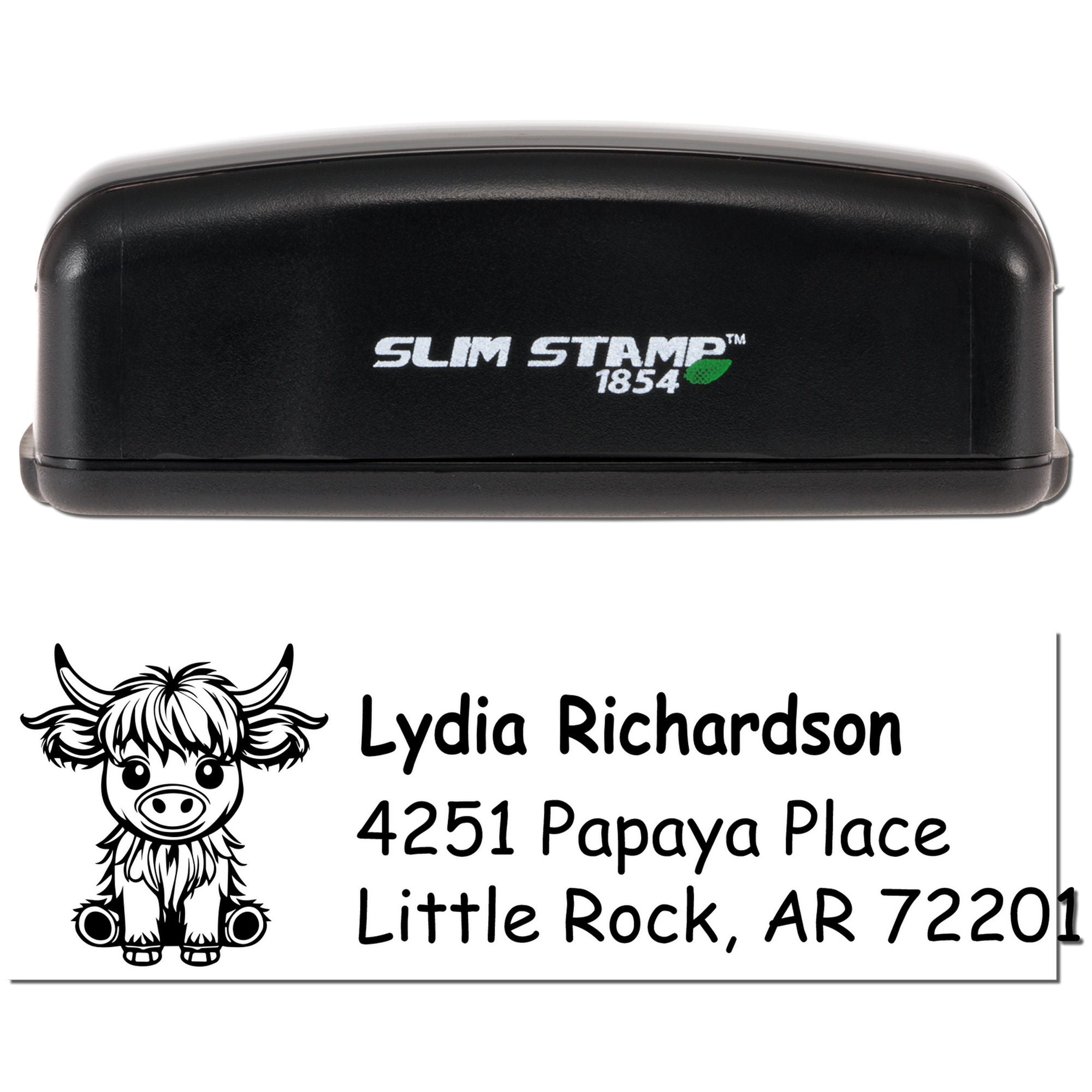 Slim Stamp 1854 personalized self-inking rubber address stamp with cow design, Lydia Richardson, Little Rock, AR.