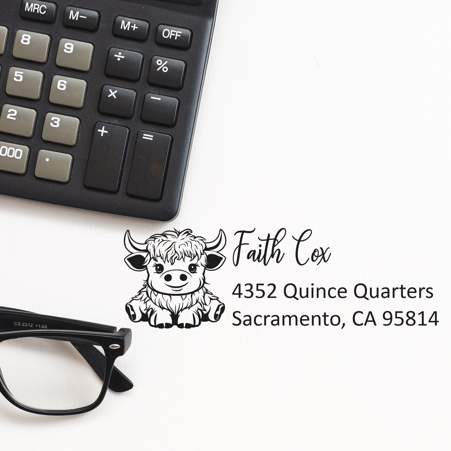 Personalized rubber stamp with cow design for Faith Cox, Sacramento, CA 95814