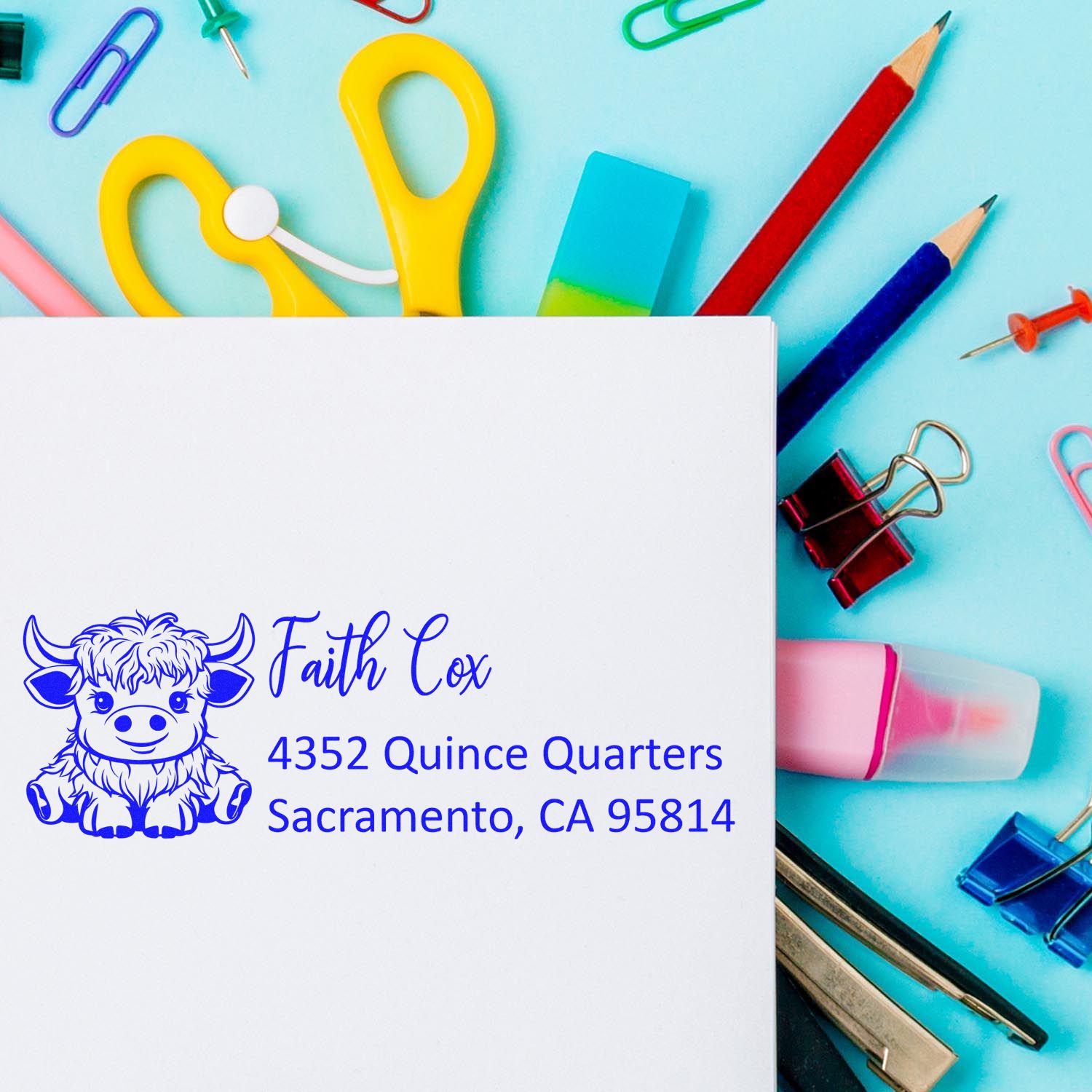 Personalized rubber address stamp with cow logo for Faith Cox, Sacramento, CA, for envelopes and business mail