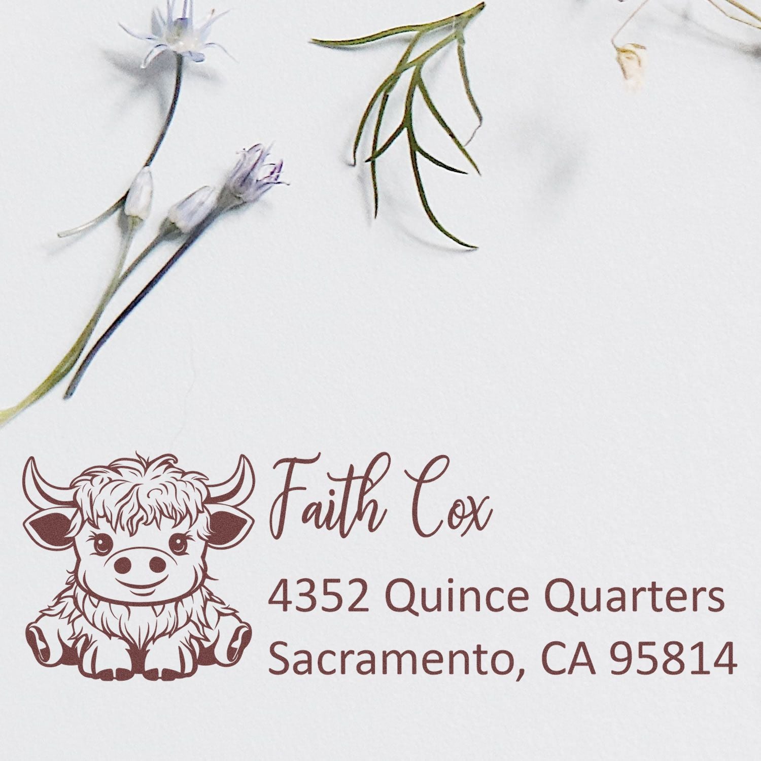 Personalized rubber return address stamp for Faith Cox with cow logo, 4352 Quince Quarters, Sacramento, CA 95814.