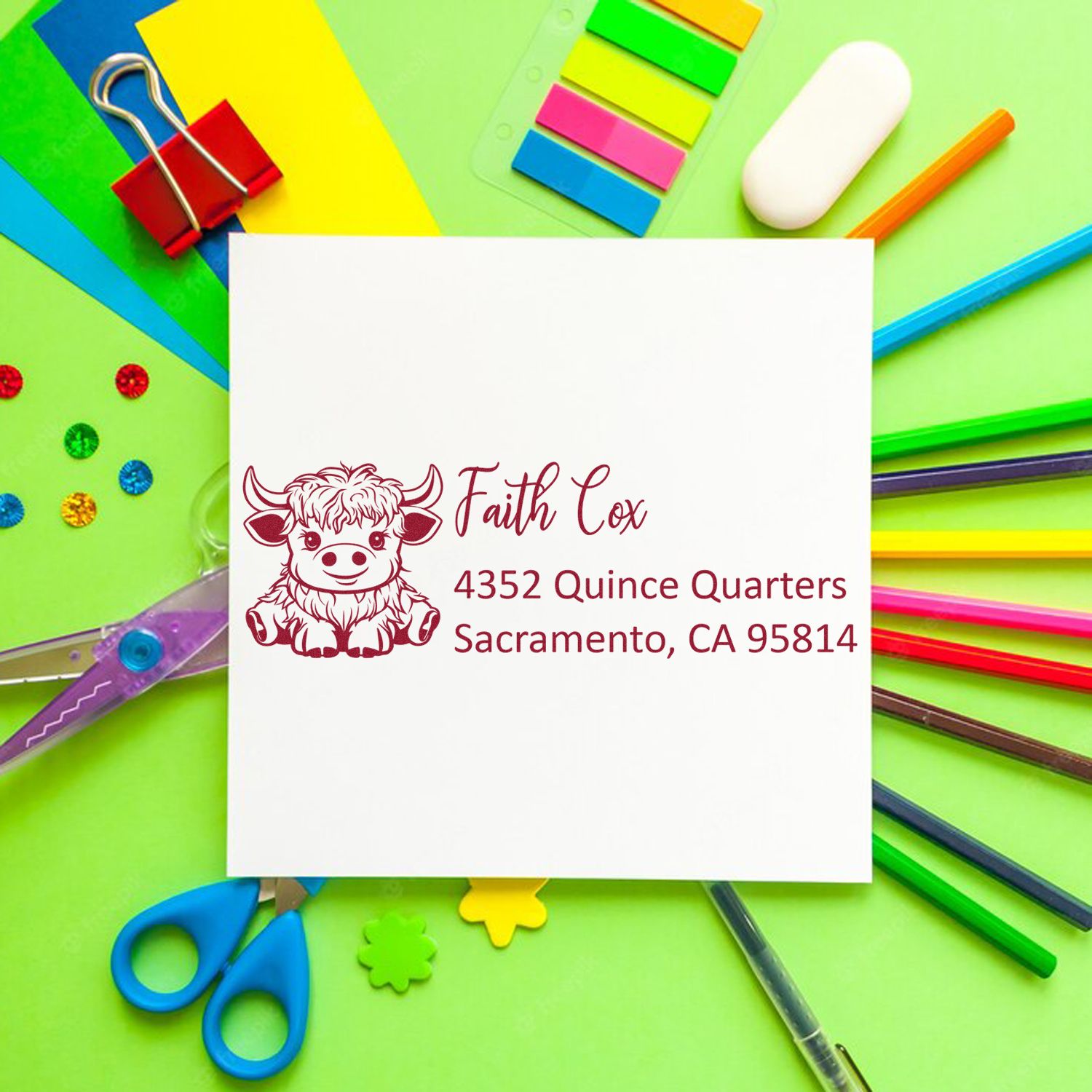 Custom return address rubber stamp with cow logo for Faith Cox, Sacramento, CA, ideal for personalized stationery and mailings.