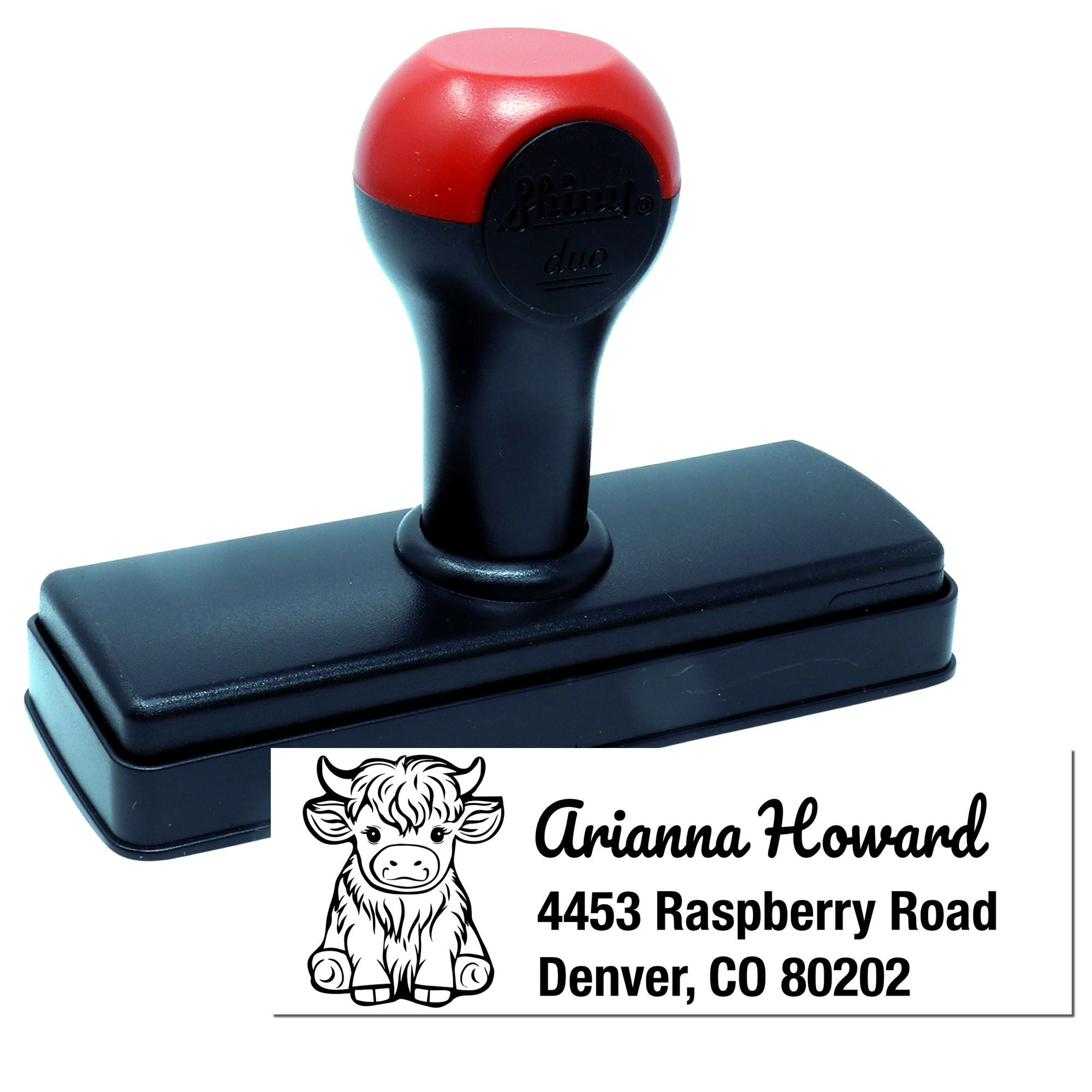Custom self-inking rubber stamp with cow logo, name, and return address for personalized business or mailing use